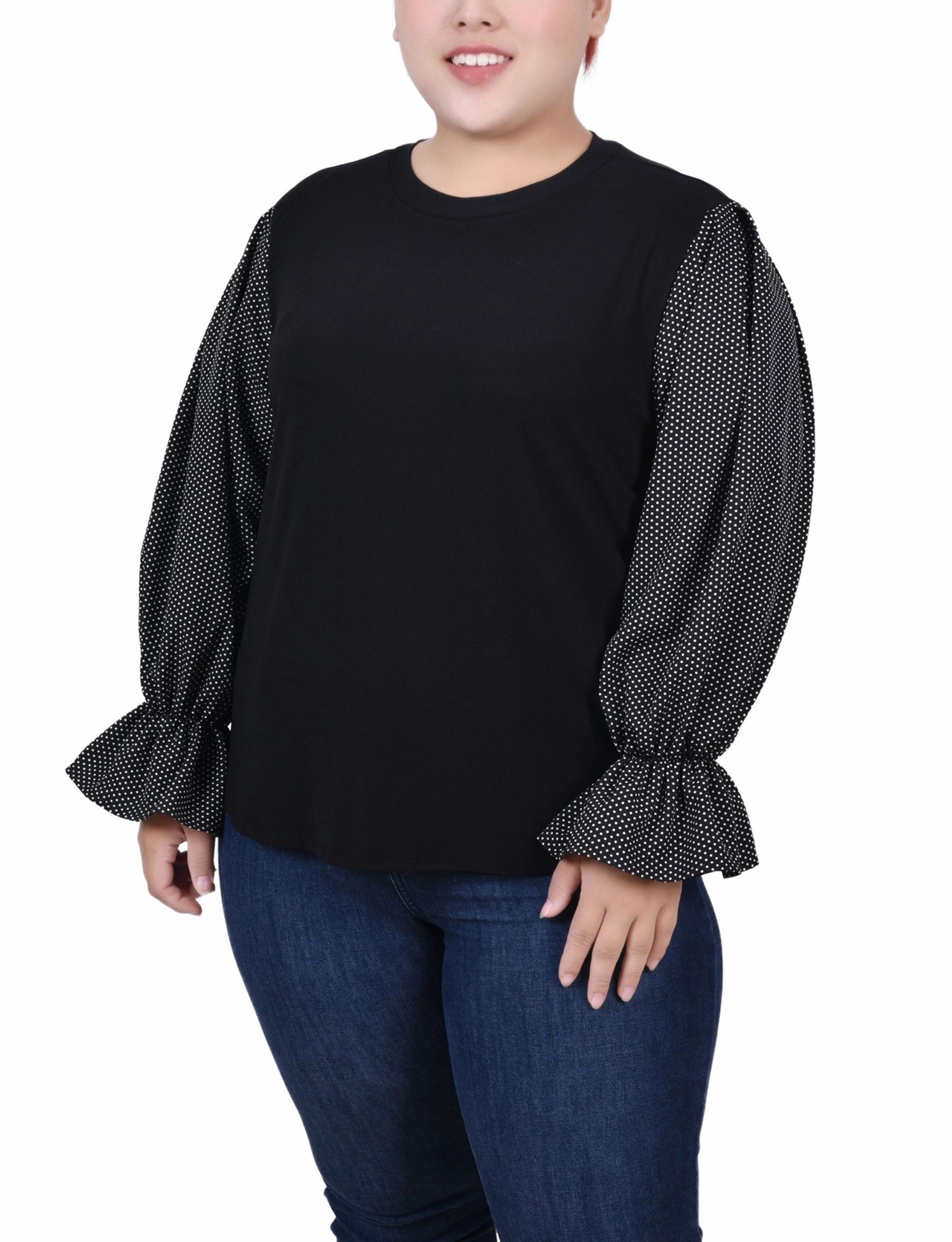 SleevelessOption Plus Size Long Sleeve Top With Printed Sleeves