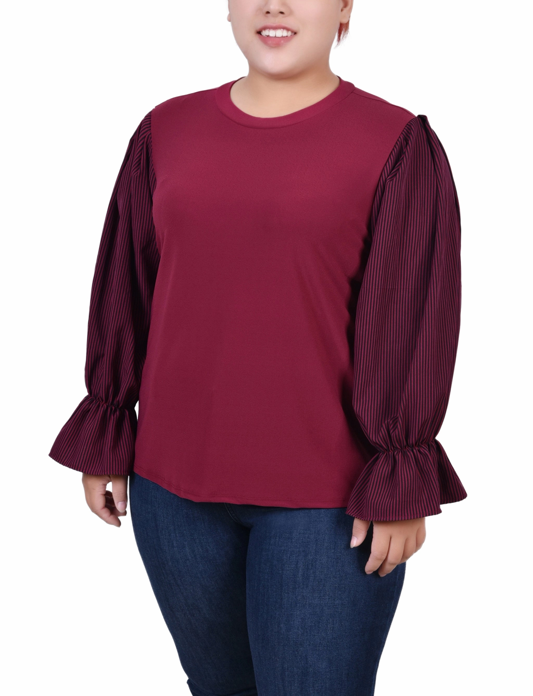 Stretchable Waistband Snag Free Fabric Plus Size Long Sleeve Top With Printed Sleeves