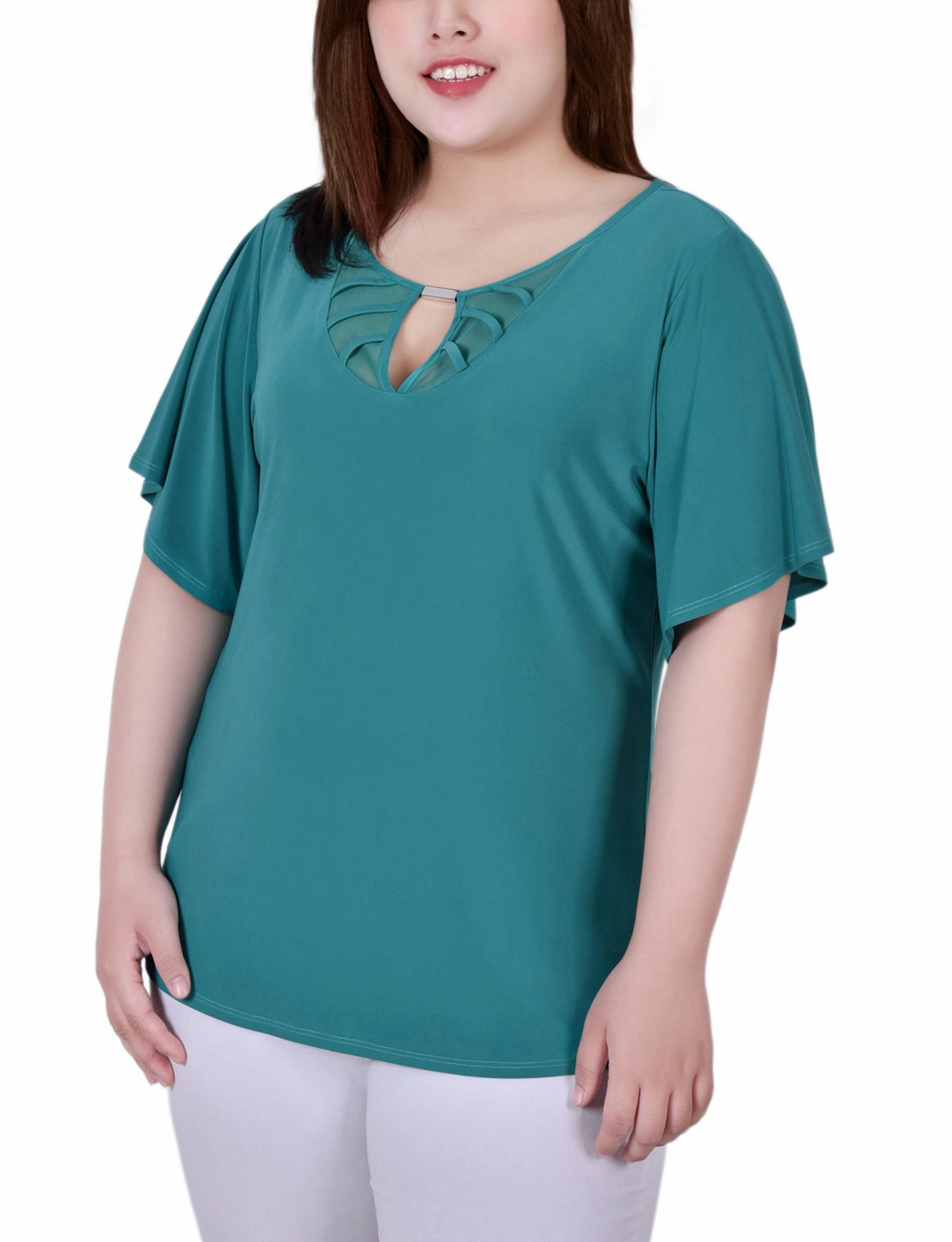 Plus Size Mesh Flutter Sleeve Knit Top Low Profile Waistband Integration