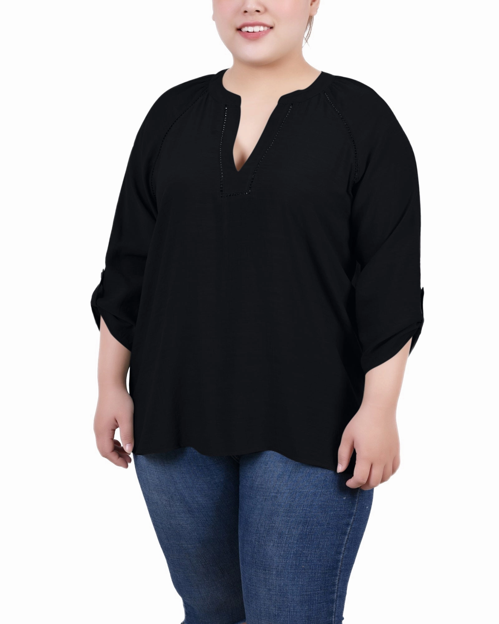 Plus Size Raglan Sleeve Split Neck Blouse AntiStaticInnerLining