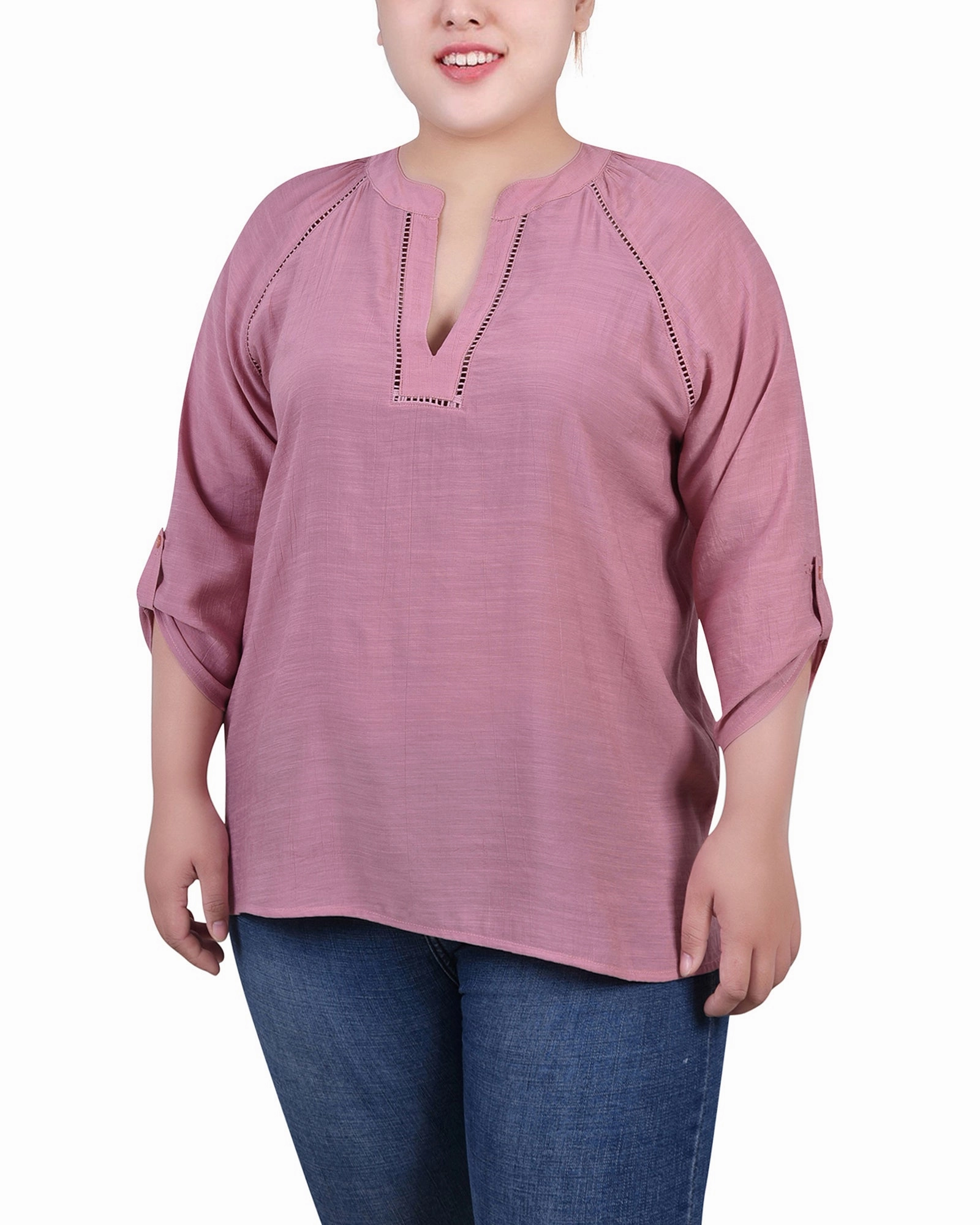 Plus Size Raglan Sleeve Split Neck Blouse EcoCertified Material Comfortable Wear