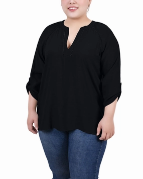 Plus Size Raglan Sleeve Split Neck Blouse High Collar Protection Design