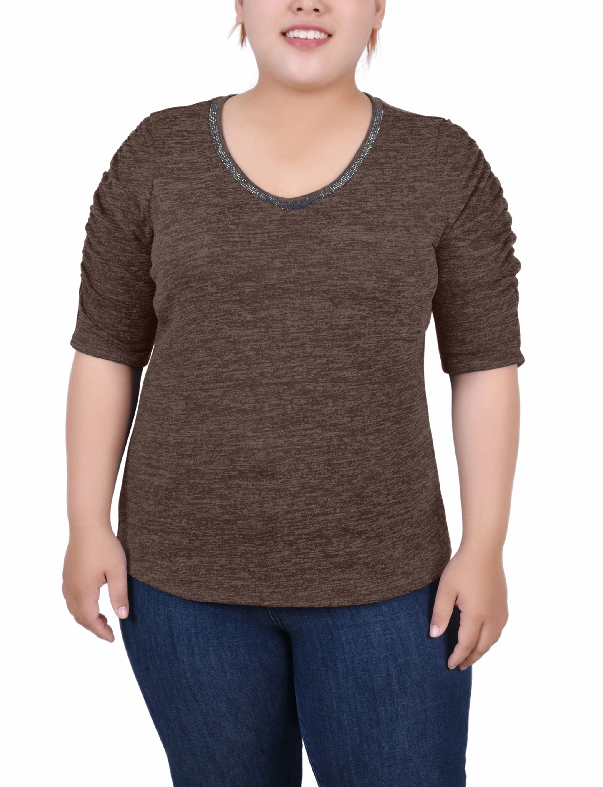 Plus Size Rouched Sleeve Top Odor Resistant Coating