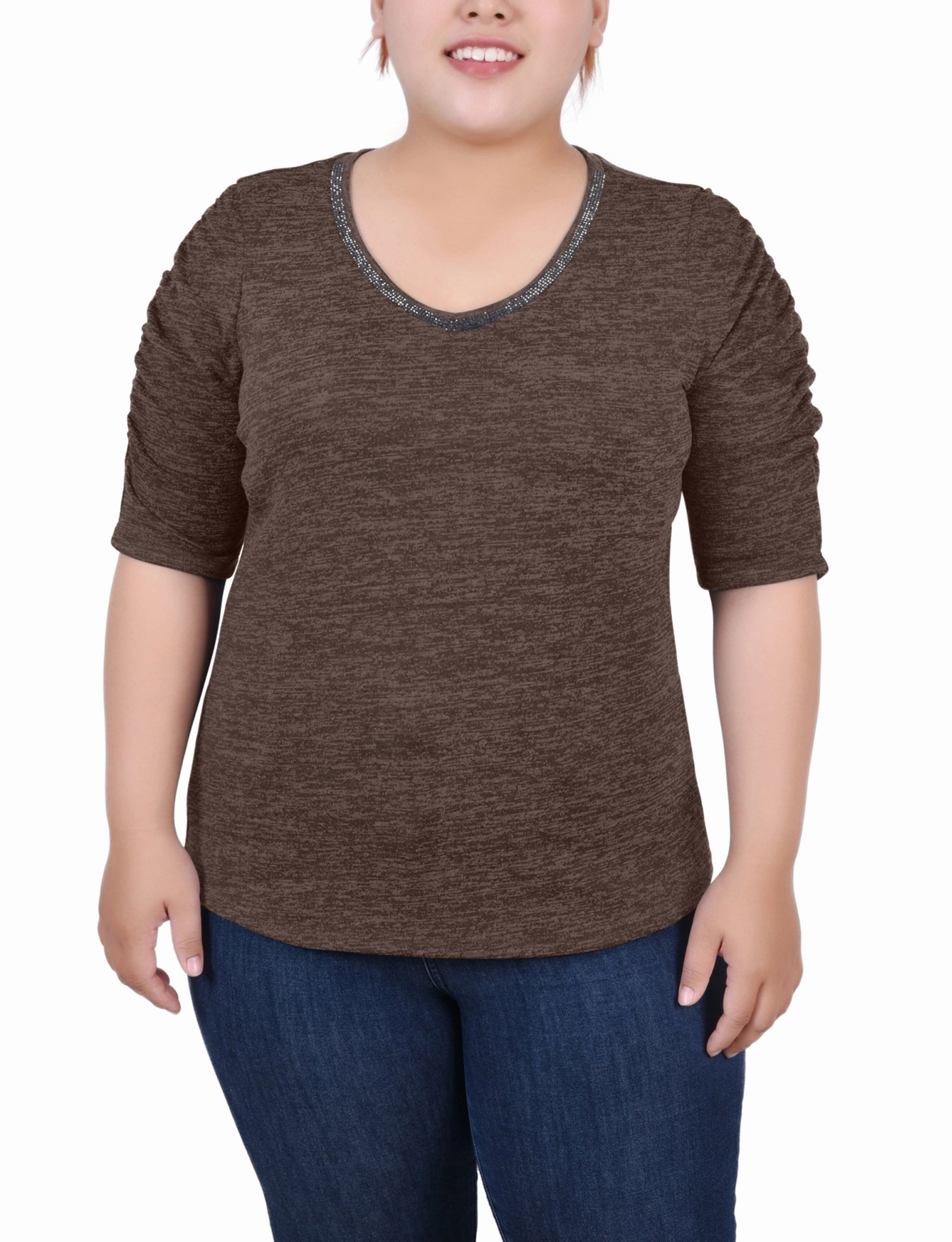 Stylish Jacket Plus Size Rouched Sleeve Top