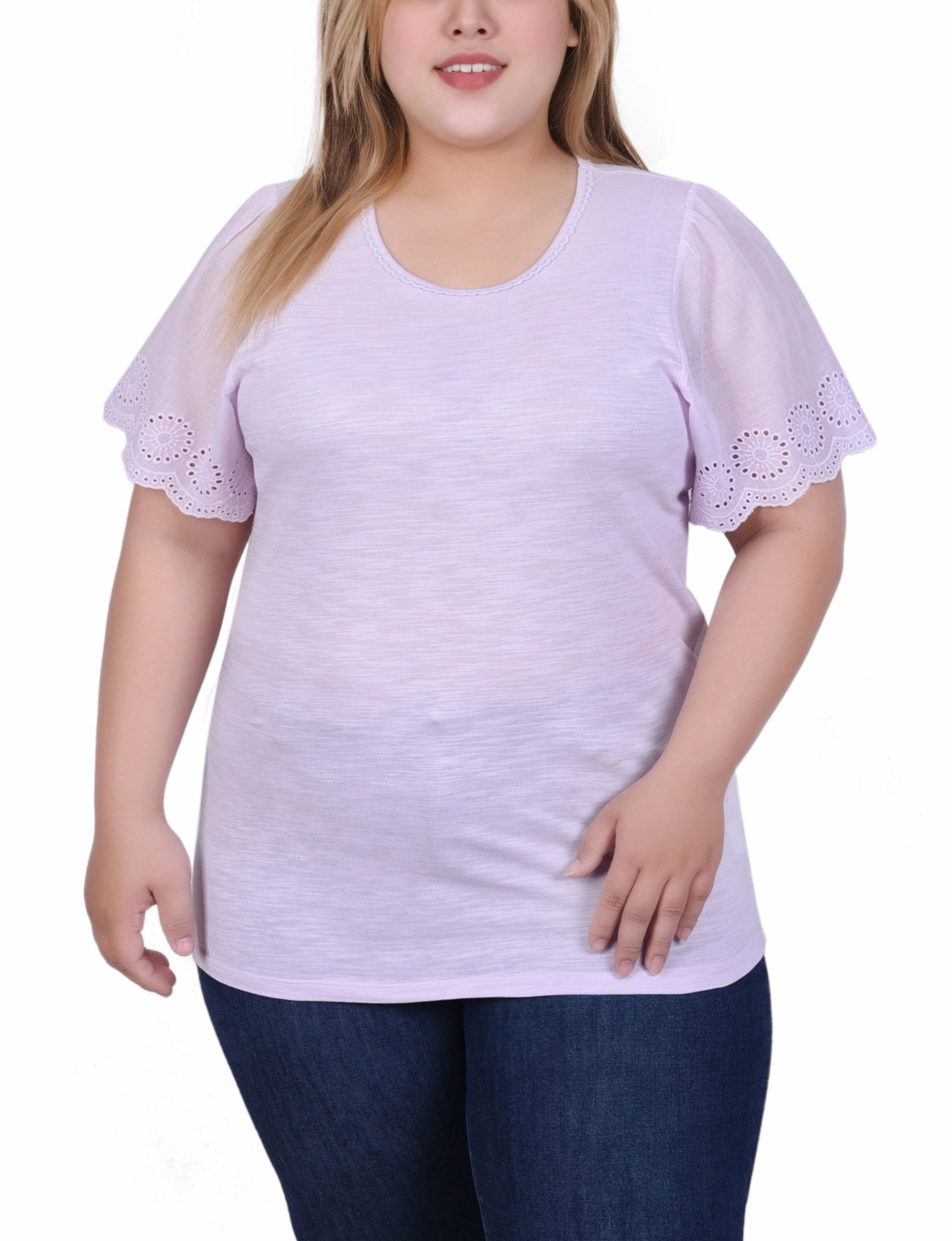 Plus Size Short Flutter Eyelet Sleeve Top Antibacterial Fabric Soft Inner Lining