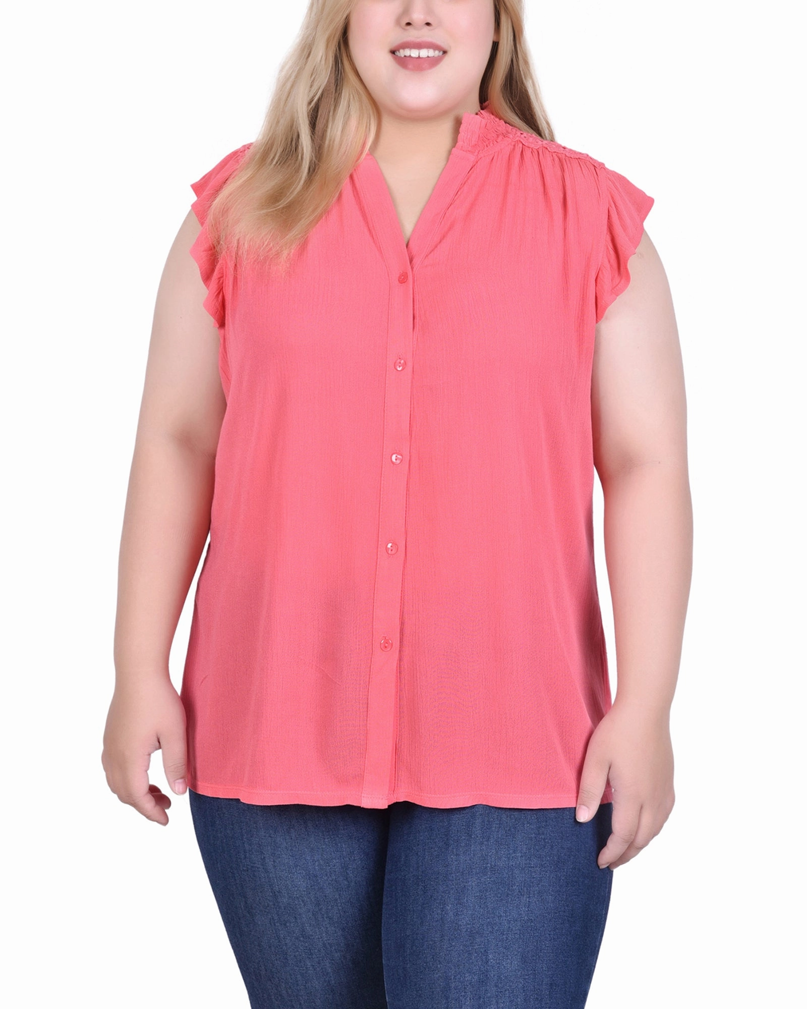 Raw Edge Finish Sustainable Production Methods Plus Size Short Flutter Sleeve Crepon Blouse