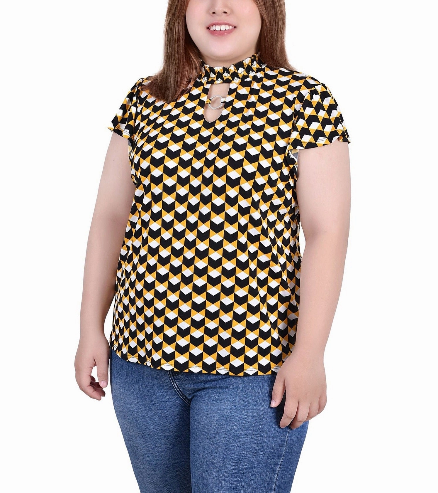 PreShrunkFabric Plus Size Short Flutter Sleeve Mock Neck Top