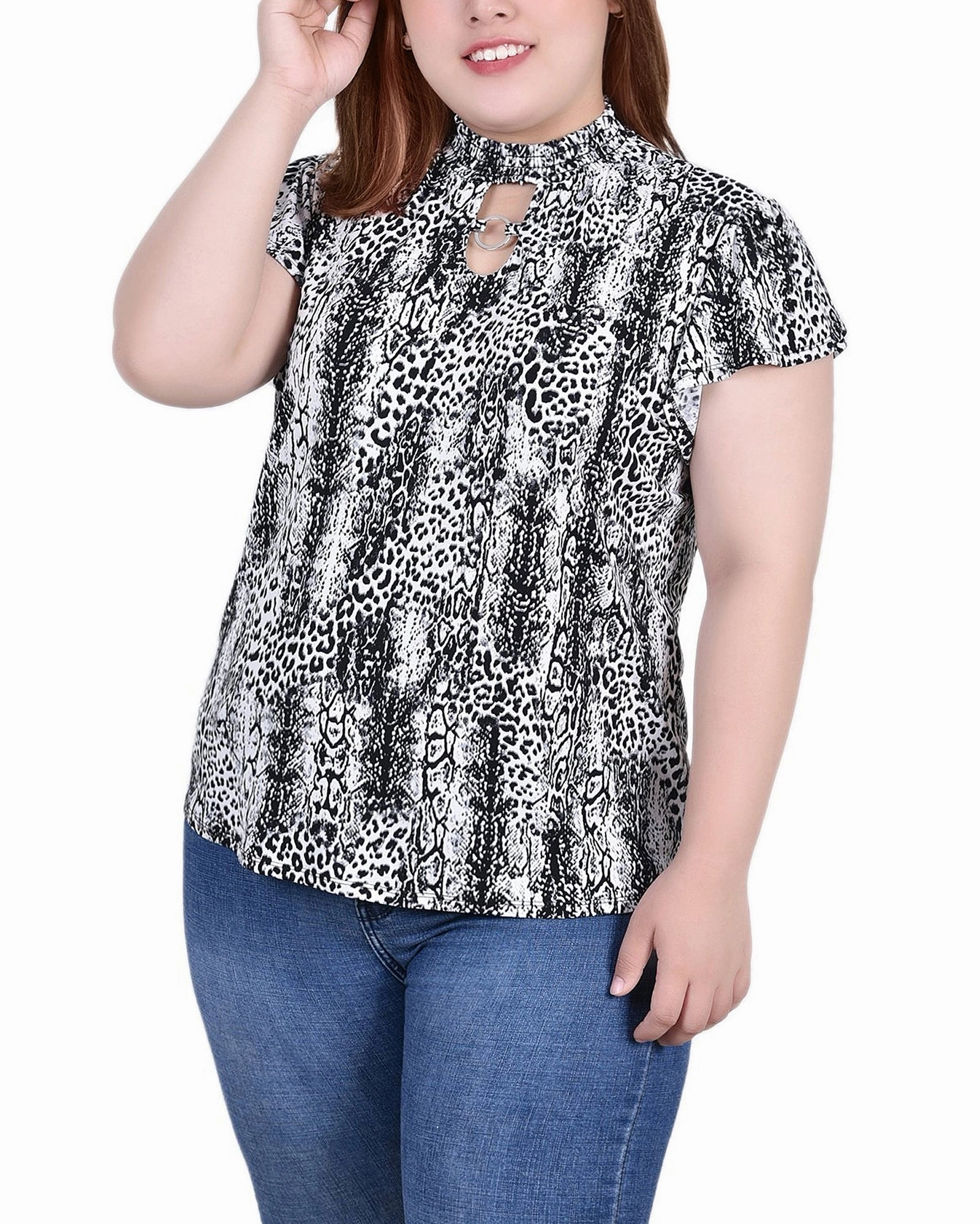 WrinkleFree Structure Contoured Armhole Design Plus Size Short Flutter Sleeve Mock Neck Top