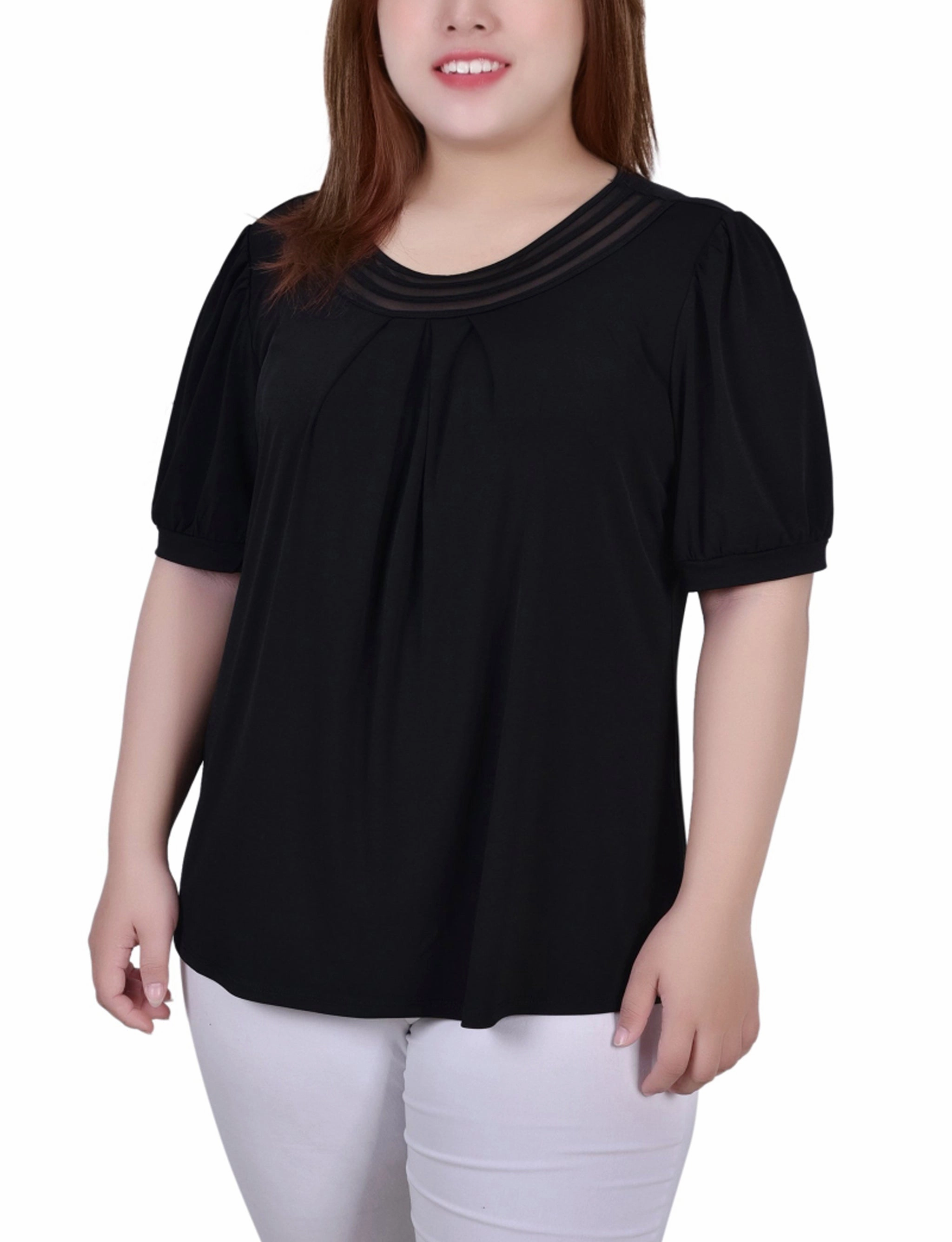 Plus Size Short Puff Sleeve Sheer Inset Top StretchFit Design FlatlockSeams
