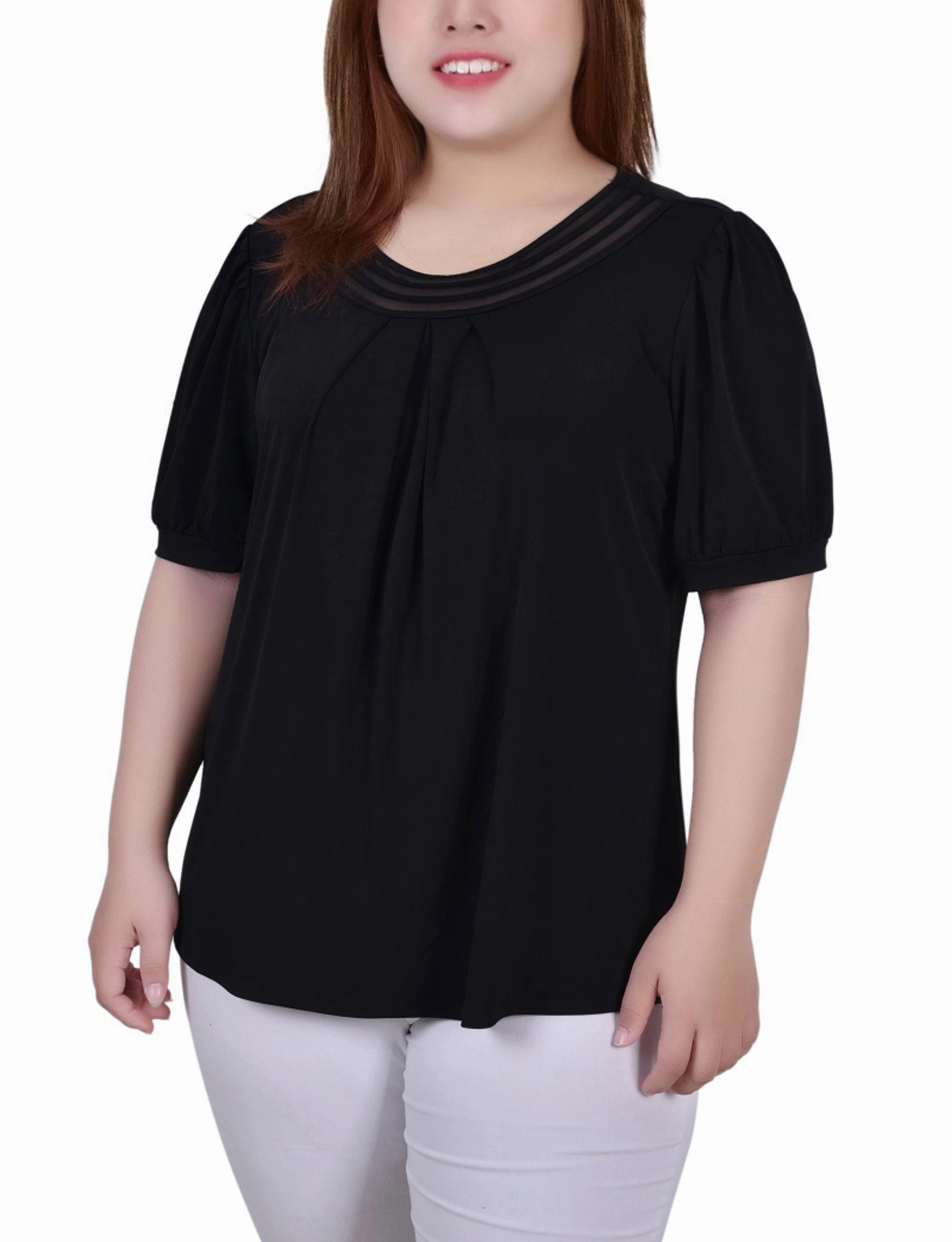 Plus Size Short Puff Sleeve Sheer Inset Top Durable Weave