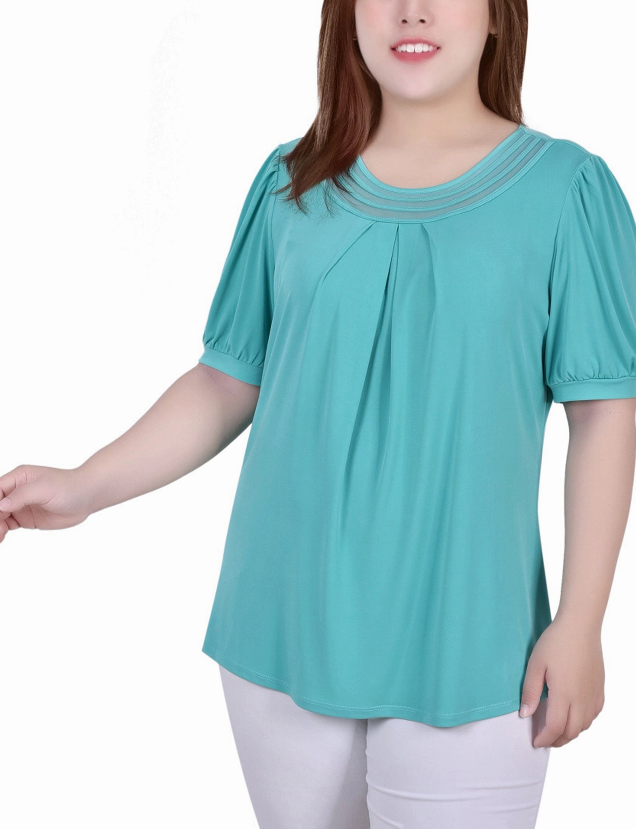 Plus Size Short Puff Sleeve Sheer Inset Top Smooth Zipper Integration