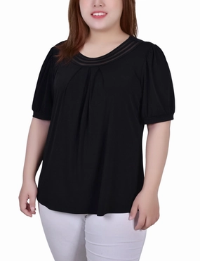 Plus Size Short Puff Sleeve Sheer Inset Top StretchFit Design FlatlockSeams