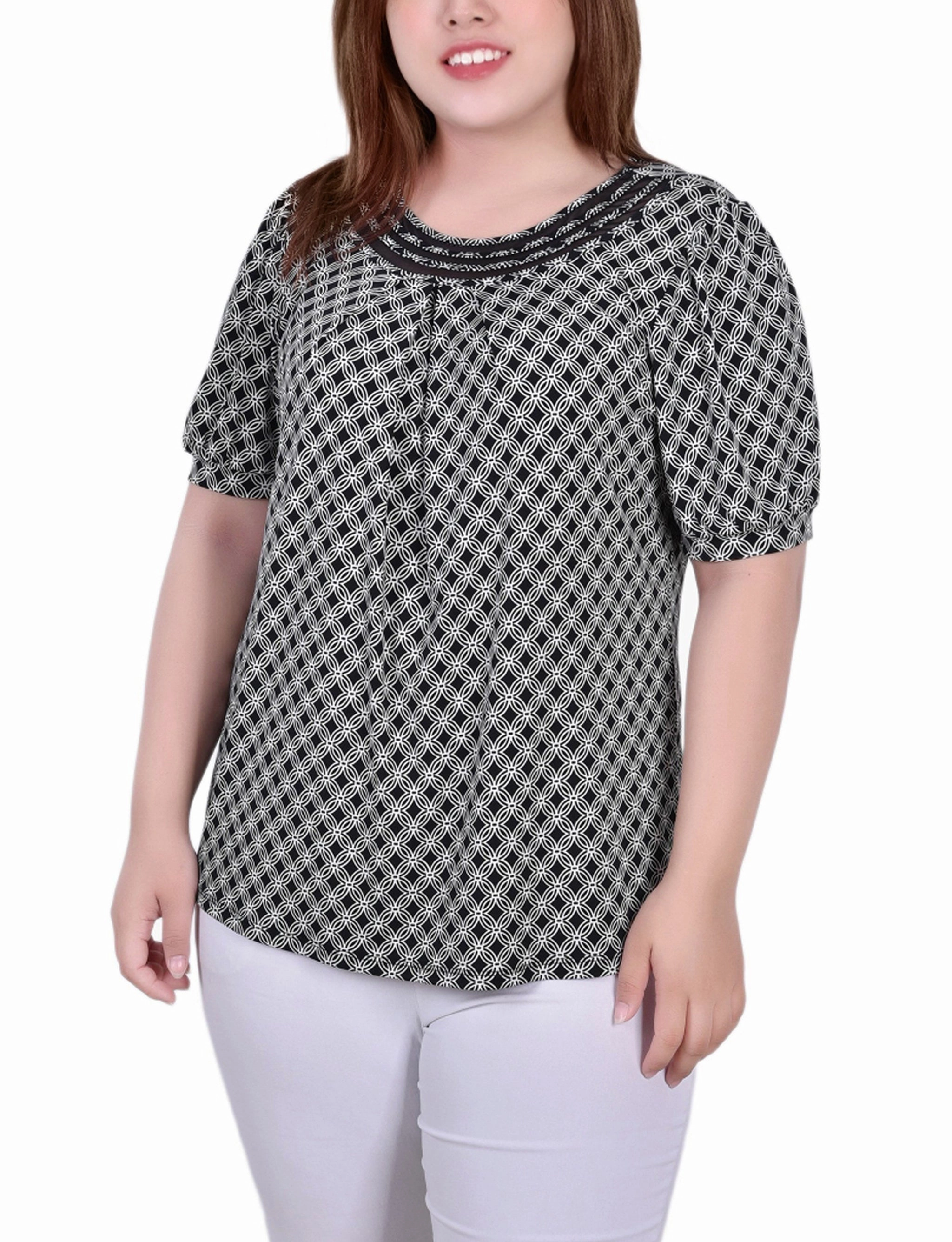 LightweightConstruction Plus Size Short Puff Sleeve Sheer Inset Top