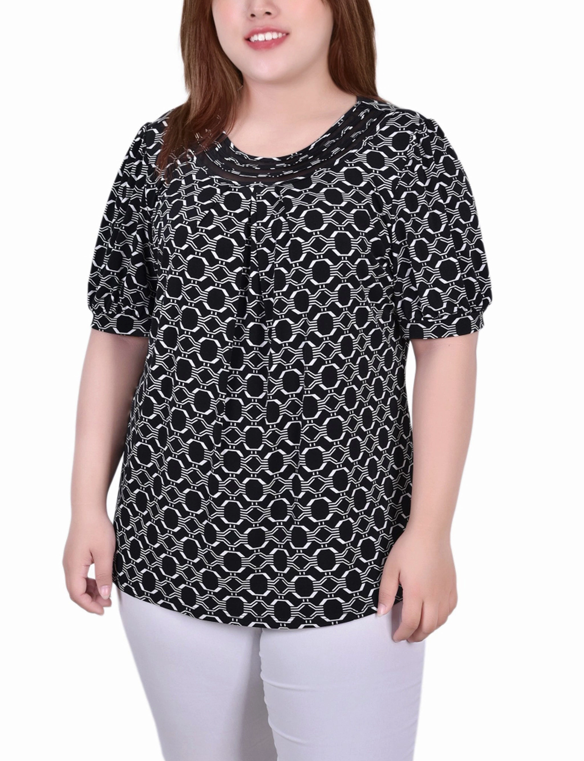 BioBased Fiber Workout Apparel Plus Size Short Puff Sleeve Sheer Inset Top