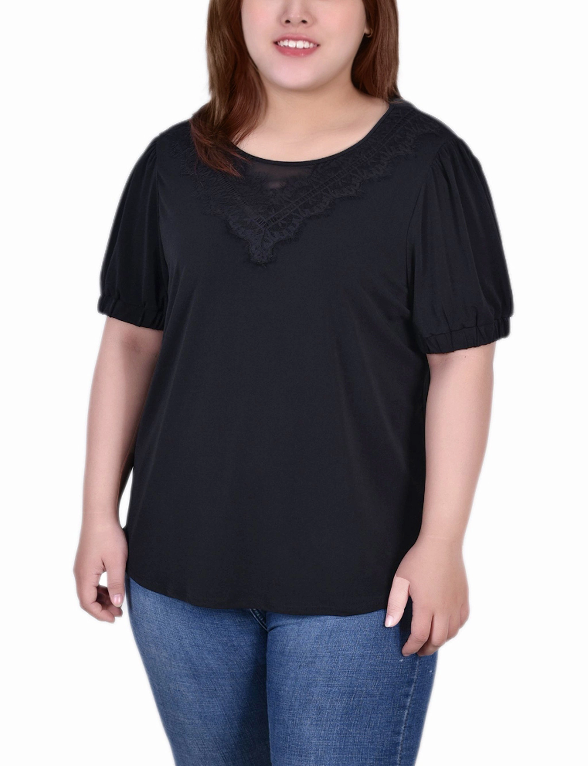 EcoFriendly Dye Plus Size Short Puff Sleeve Top With Lace