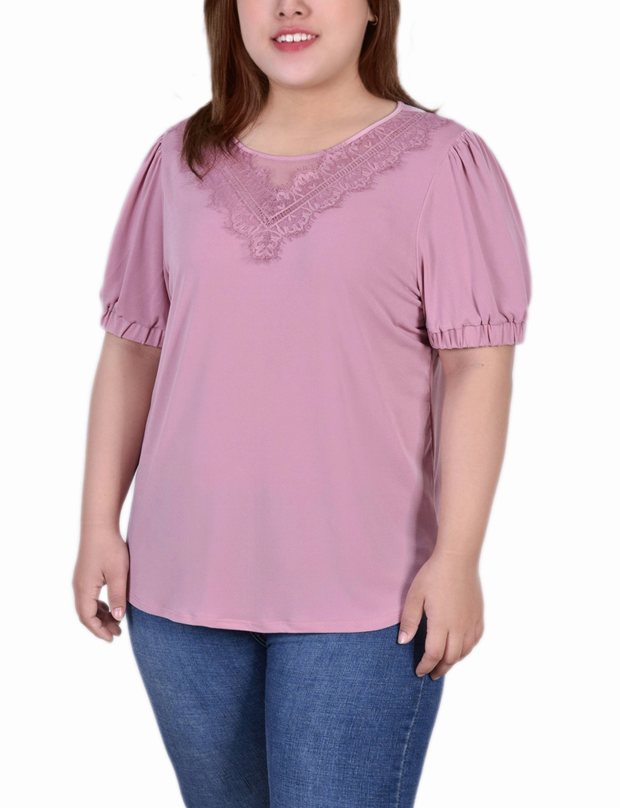 Plus Size Short Puff Sleeve Top With Lace Chic Tee All-Purpose