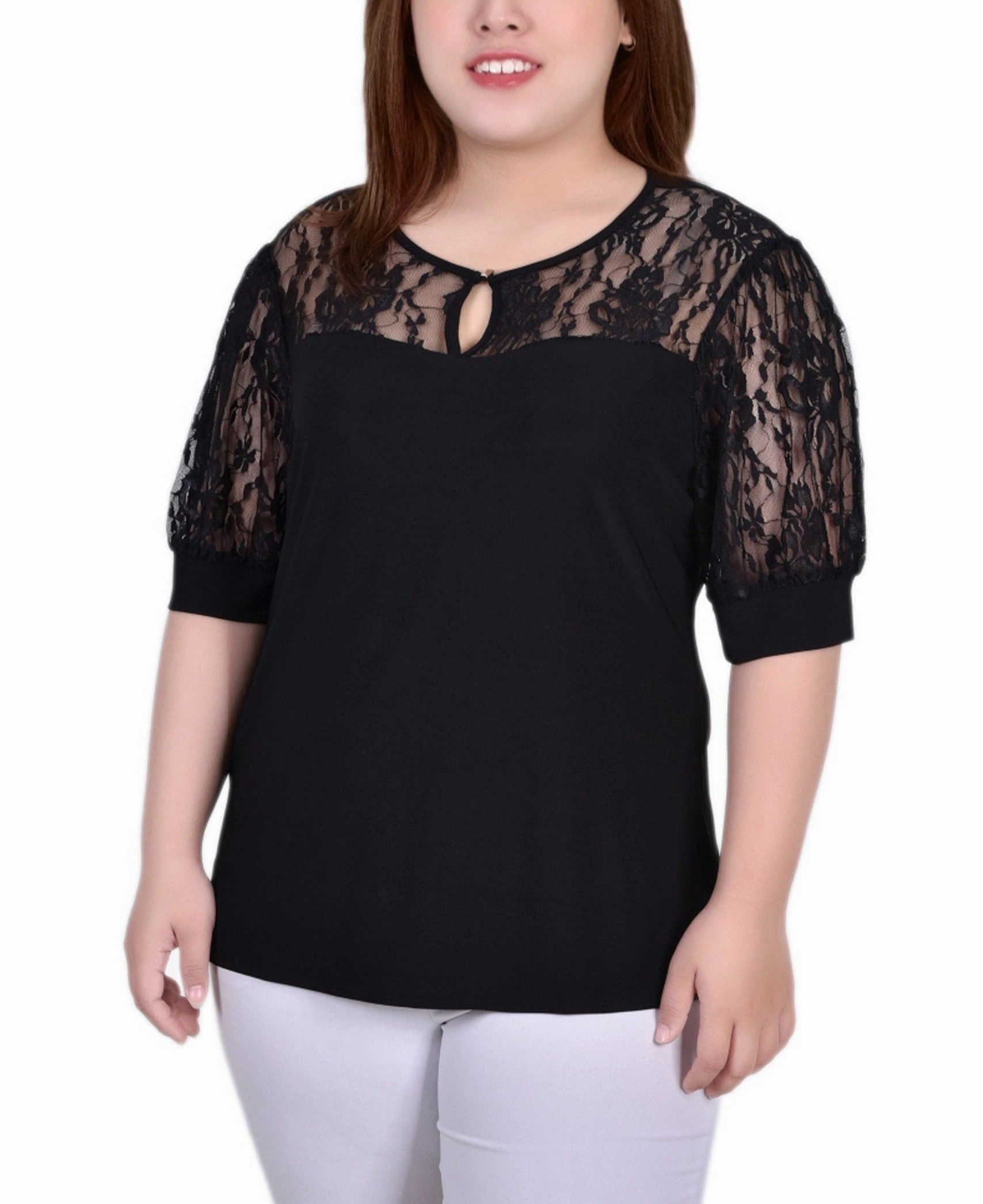Tension Balanced Design HiddenZipper Plus Size Short Puff Sleeve Top With Lace Sleeves And Yoke