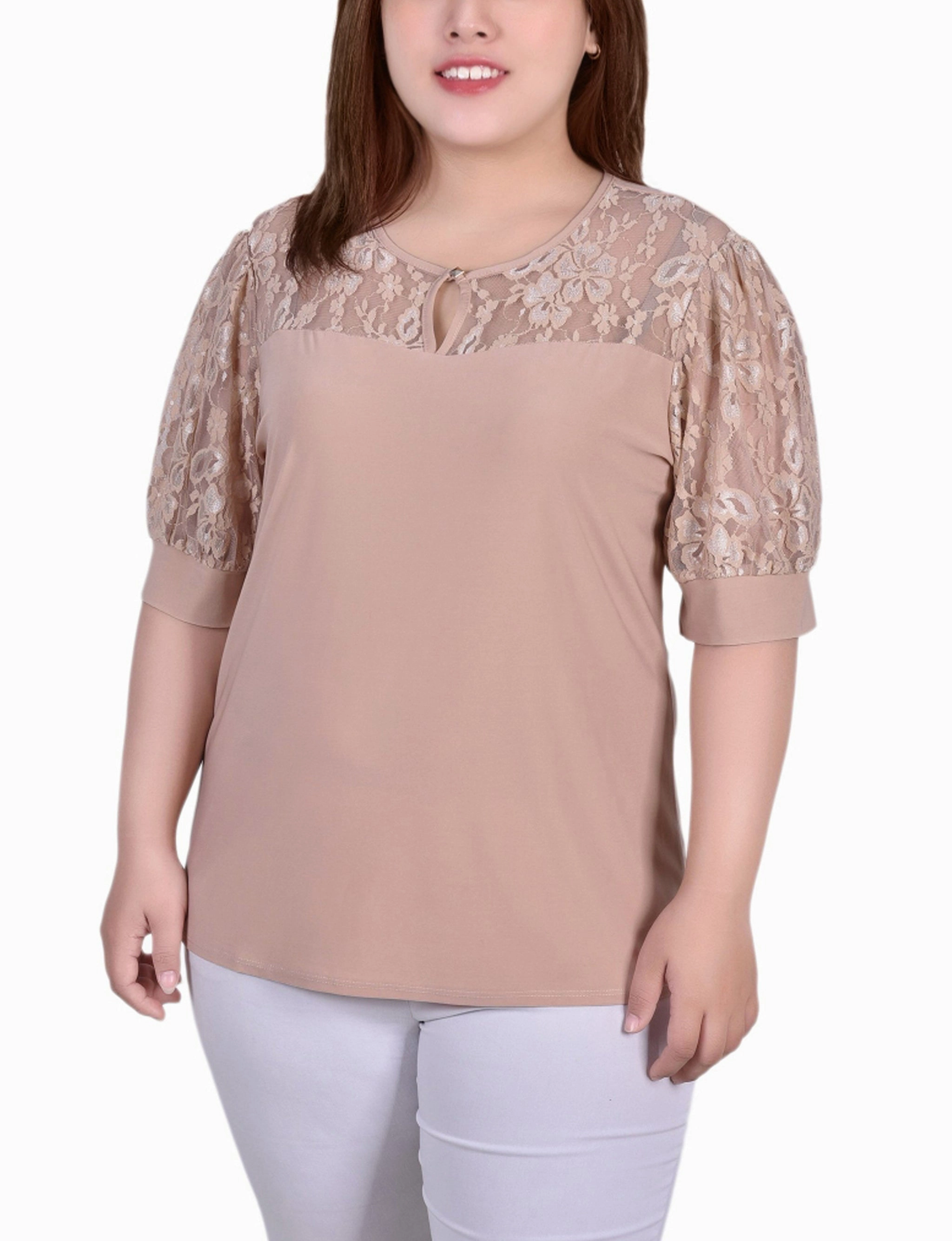 Lightweight Material Reflective accents Plus Size Short Puff Sleeve Top With Lace Sleeves And Yoke