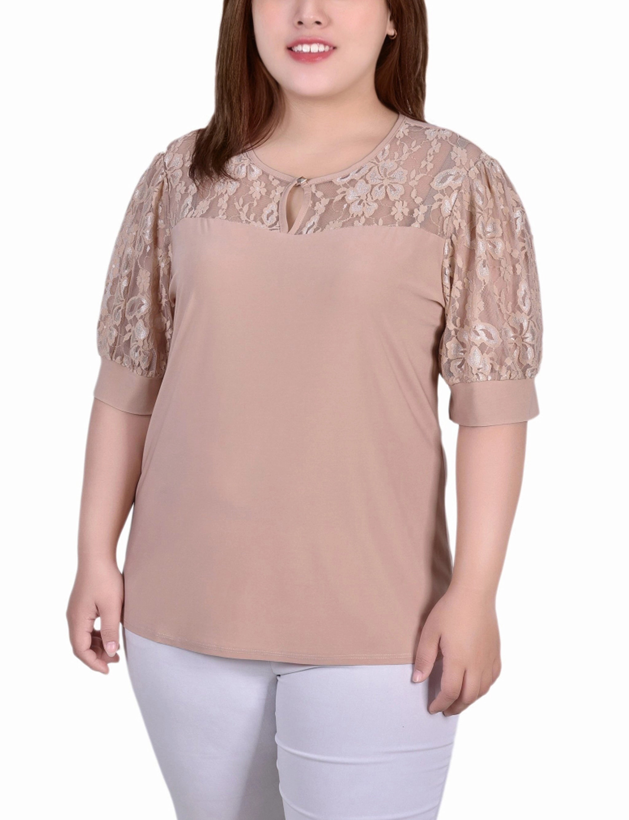 Plus Size Short Puff Sleeve Top With Lace Sleeves And Yoke Ribbed Hem Airflow Ventilation Zones