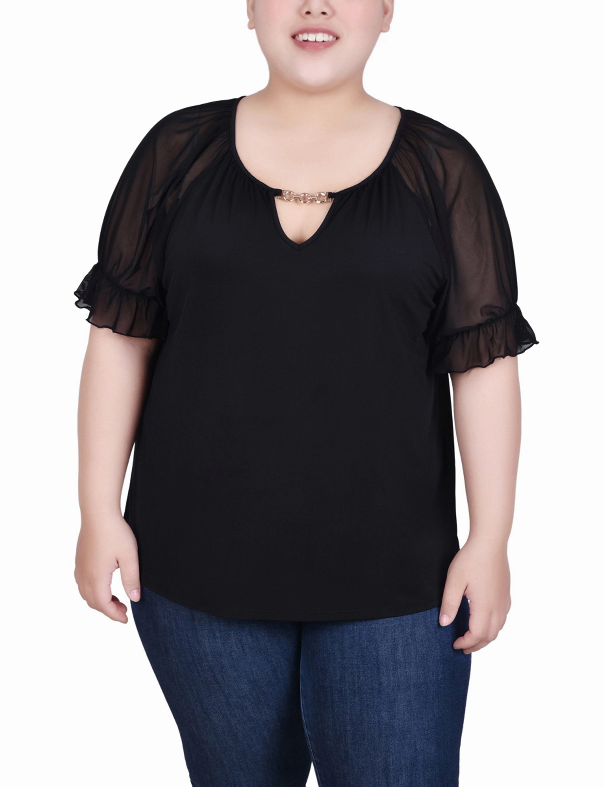 Odor Resistant Fabric Reinforced Seam Technique Plus Size Short Ruffle Sleeve Top With Rhinestones