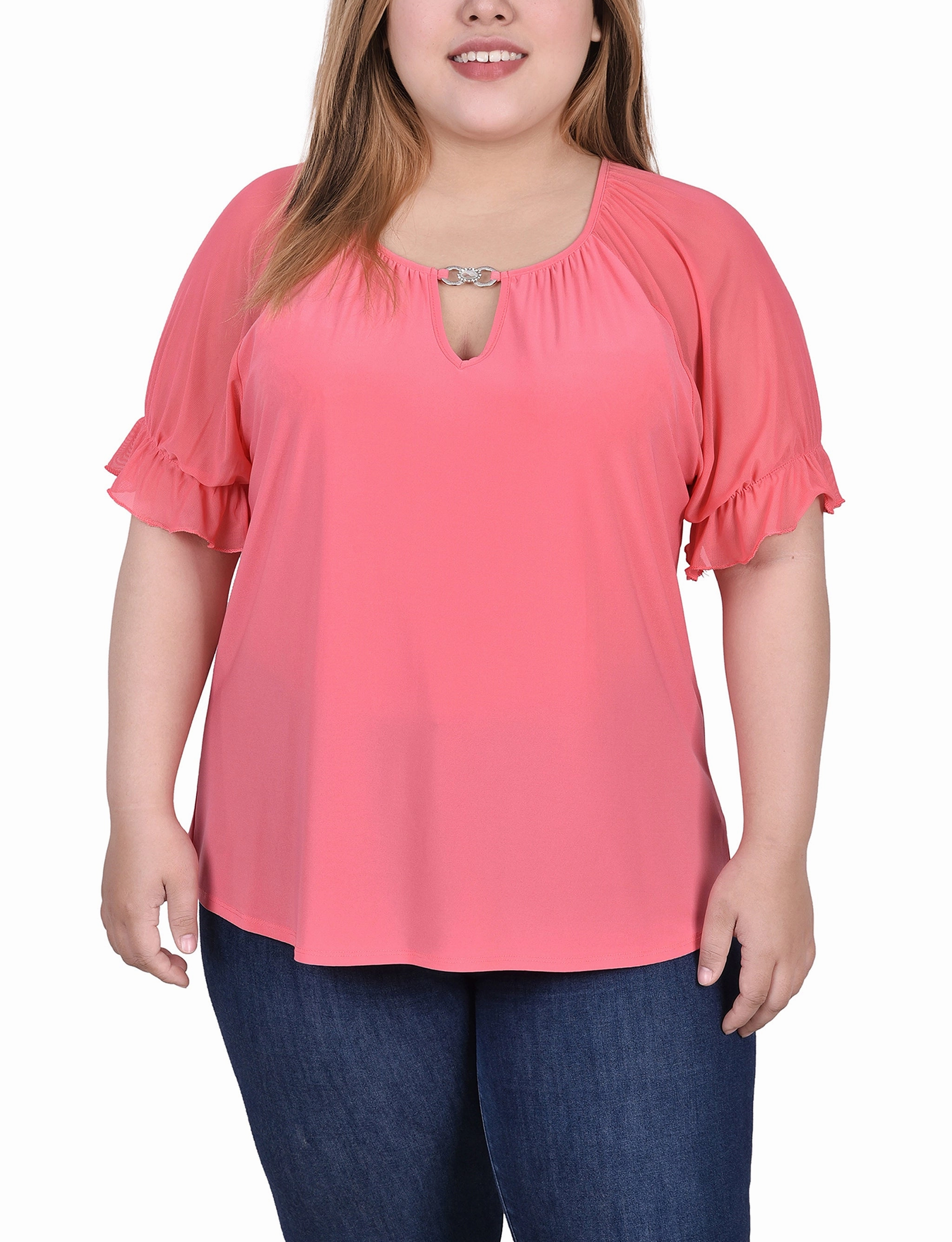 Fun Design AntiOdorTechnology Plus Size Short Ruffle Sleeve Top With Rhinestones