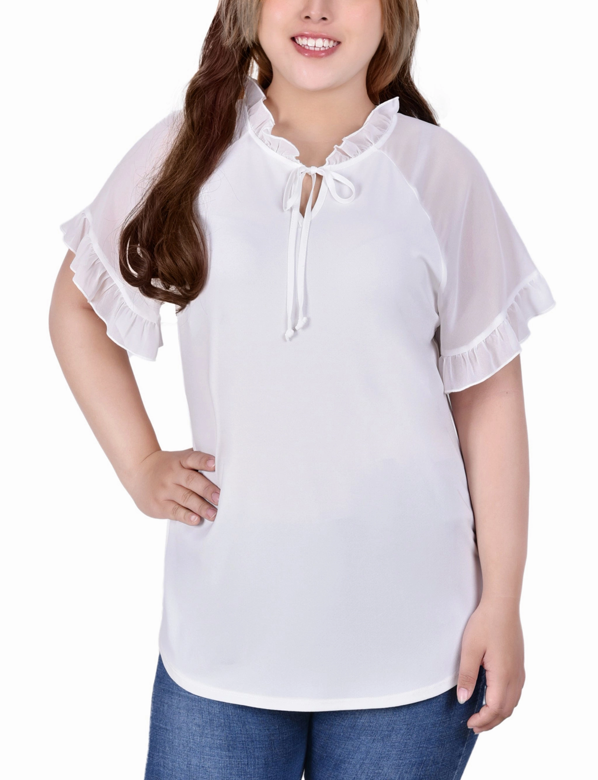 UniversalFit Plus Size Short Ruffled Sleeve Crepe Knit Top With Chiffon Sleeves