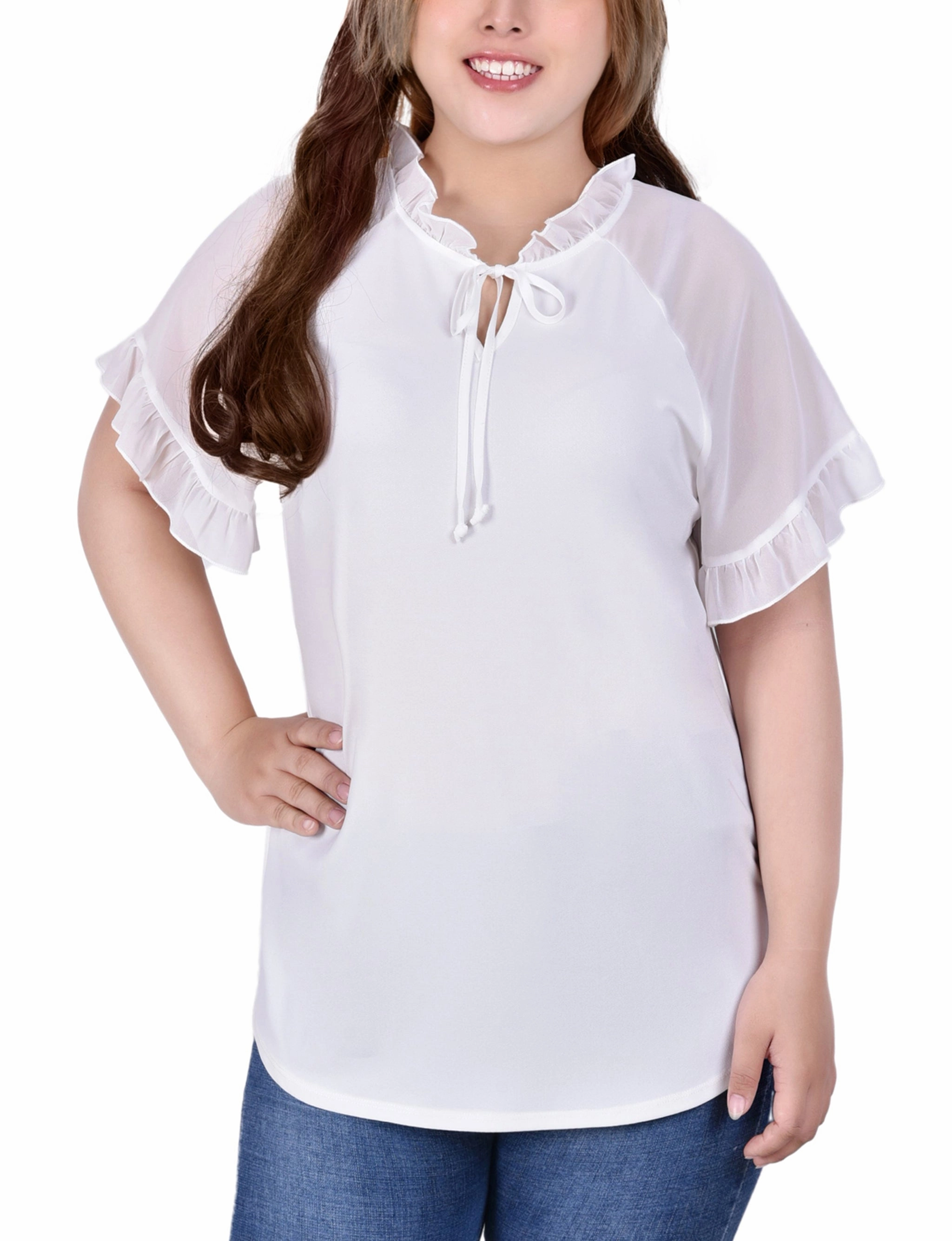 Plus Size Short Ruffled Sleeve Crepe Knit Top With Chiffon Sleeves AdjustableCuffSystem Temperature Control Technology