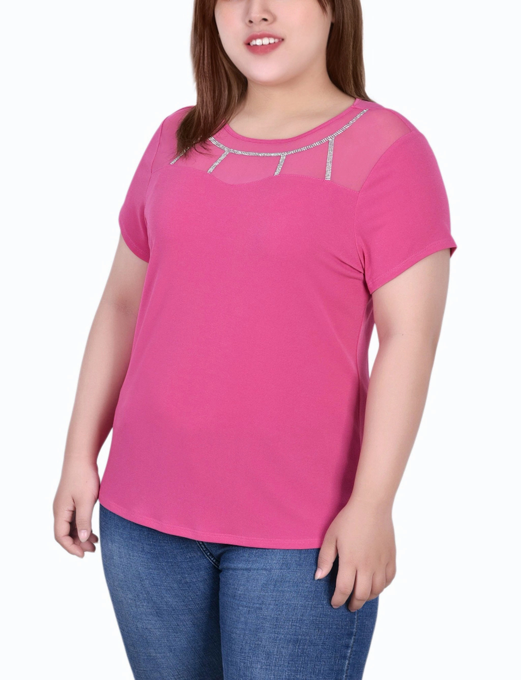 Workout Apparel Casual Long Sleeve Plus Size Short Sleeve Crepe Top With Stone Details