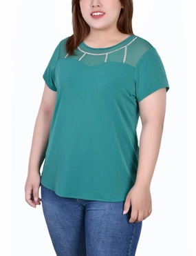 Plus Size Short Sleeve Crepe Top With Stone Details WaffleWeave UPFProtection