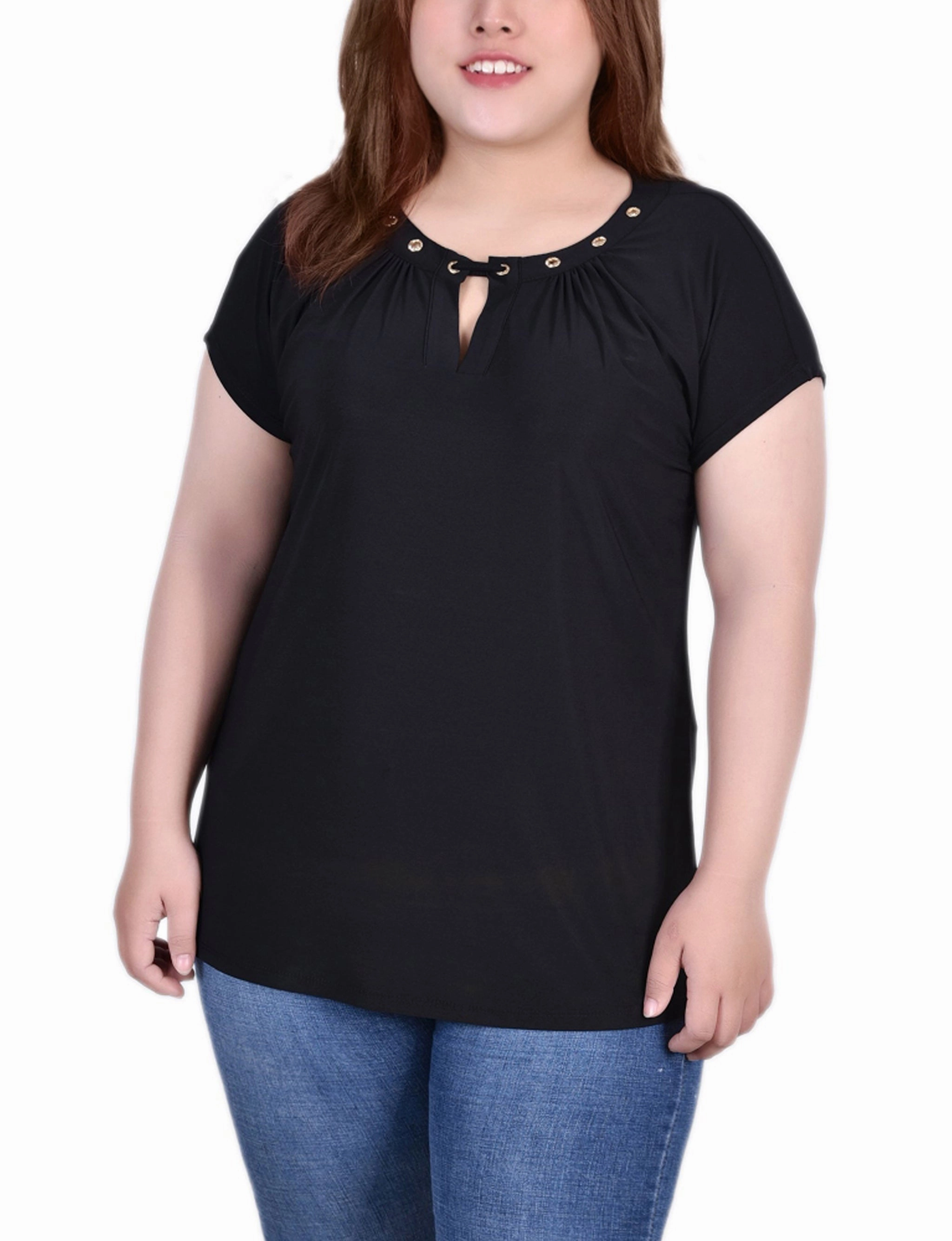 TailoredCut Casual Jacket Plus Size Short Sleeve Grommet Top With Keyhole