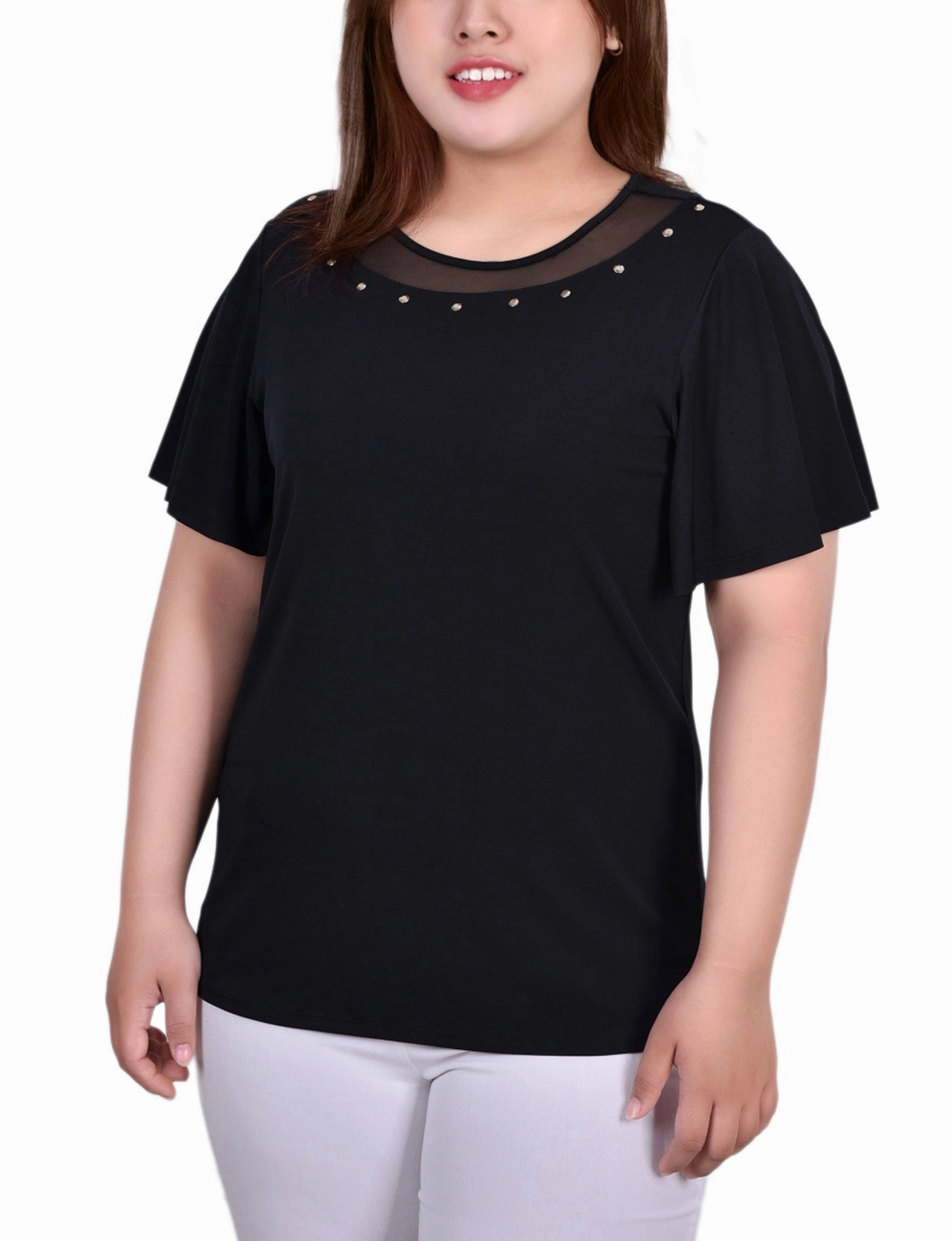 Plus Size Short Sleeve Knit Top With Sheer Inset Lightweight Weave Thermal Regulation Technology