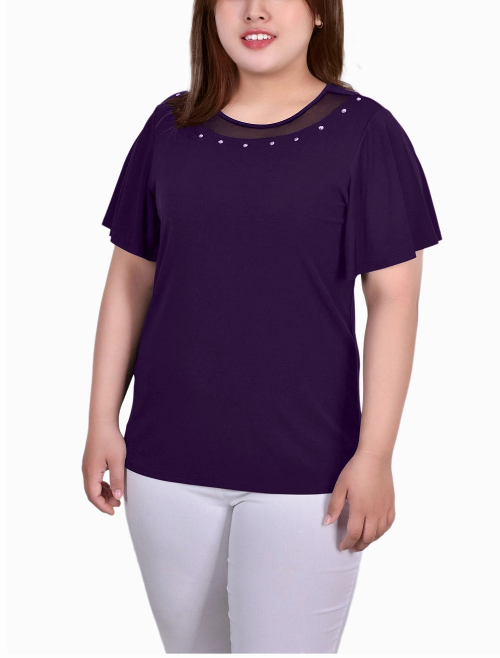 DoubleLayeredCollar Plus Size Short Sleeve Knit Top With Sheer Inset