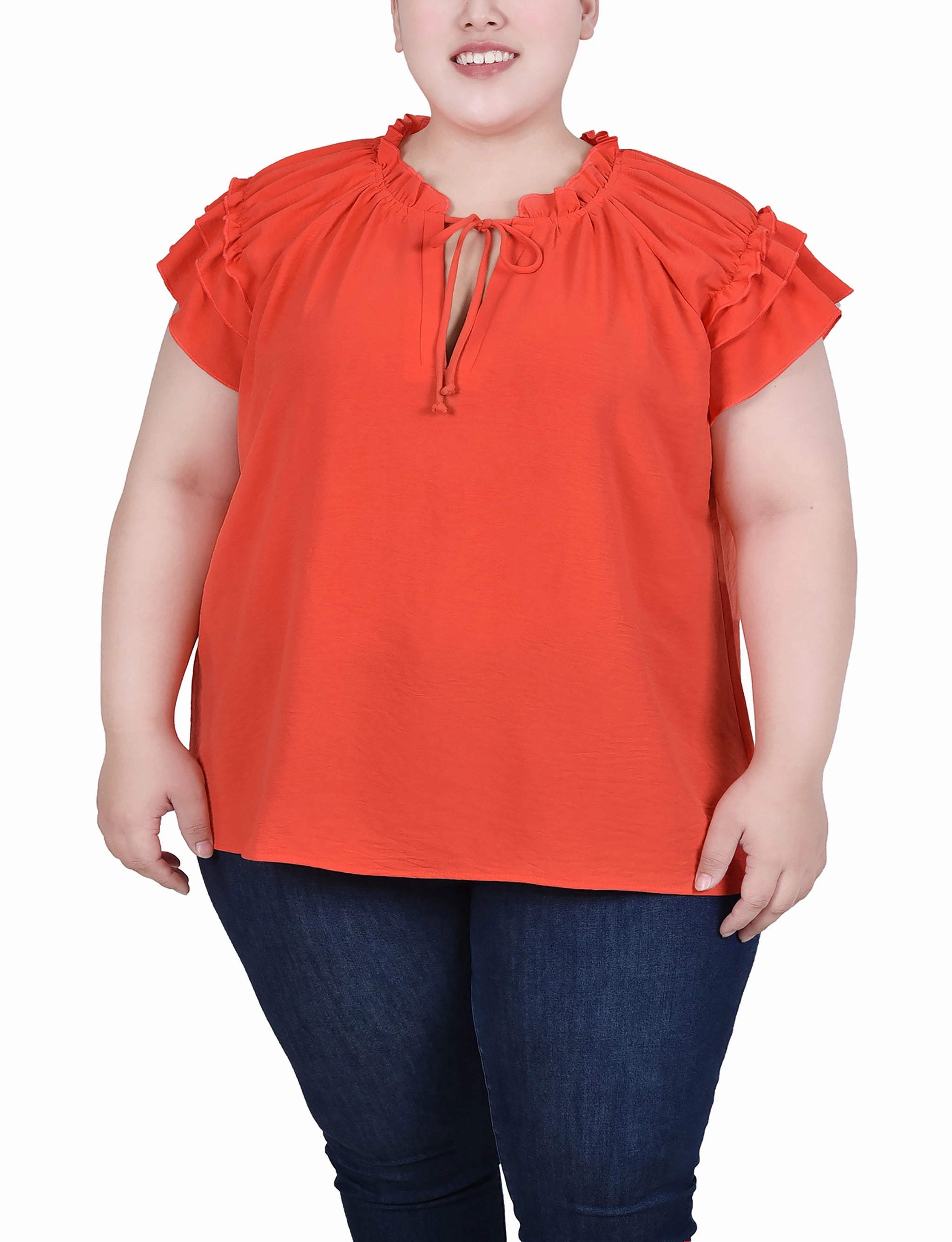 Plus Size Short Sleeve Ruffled Blouse Mesh Lining