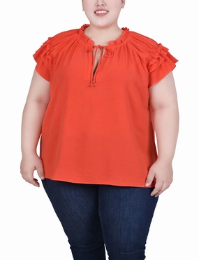 Midweight Texture Reinforced Stress Points Plus Size Short Sleeve Ruffled Blouse
