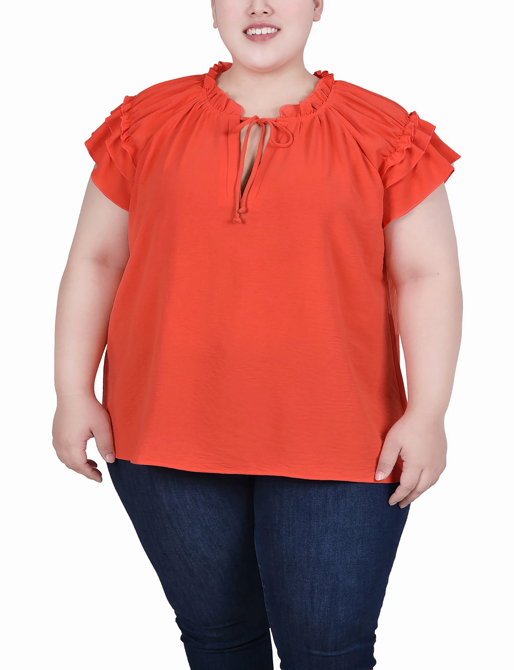 Midweight Texture Reinforced Stress Points Plus Size Short Sleeve Ruffled Blouse