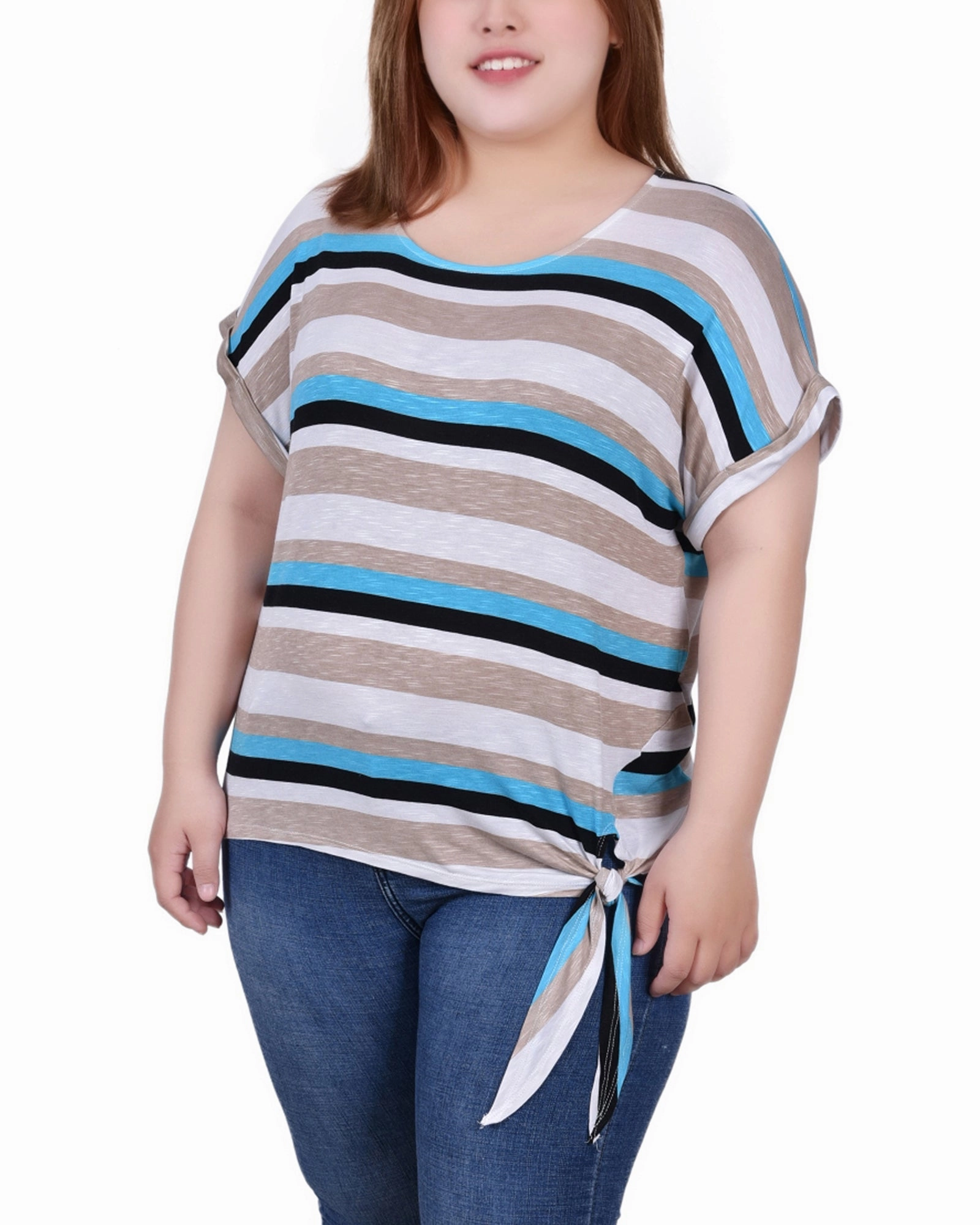 Plus Size Short Sleeve Tie Front Top WindproofBarrierTechnology LoopwheelFabric
