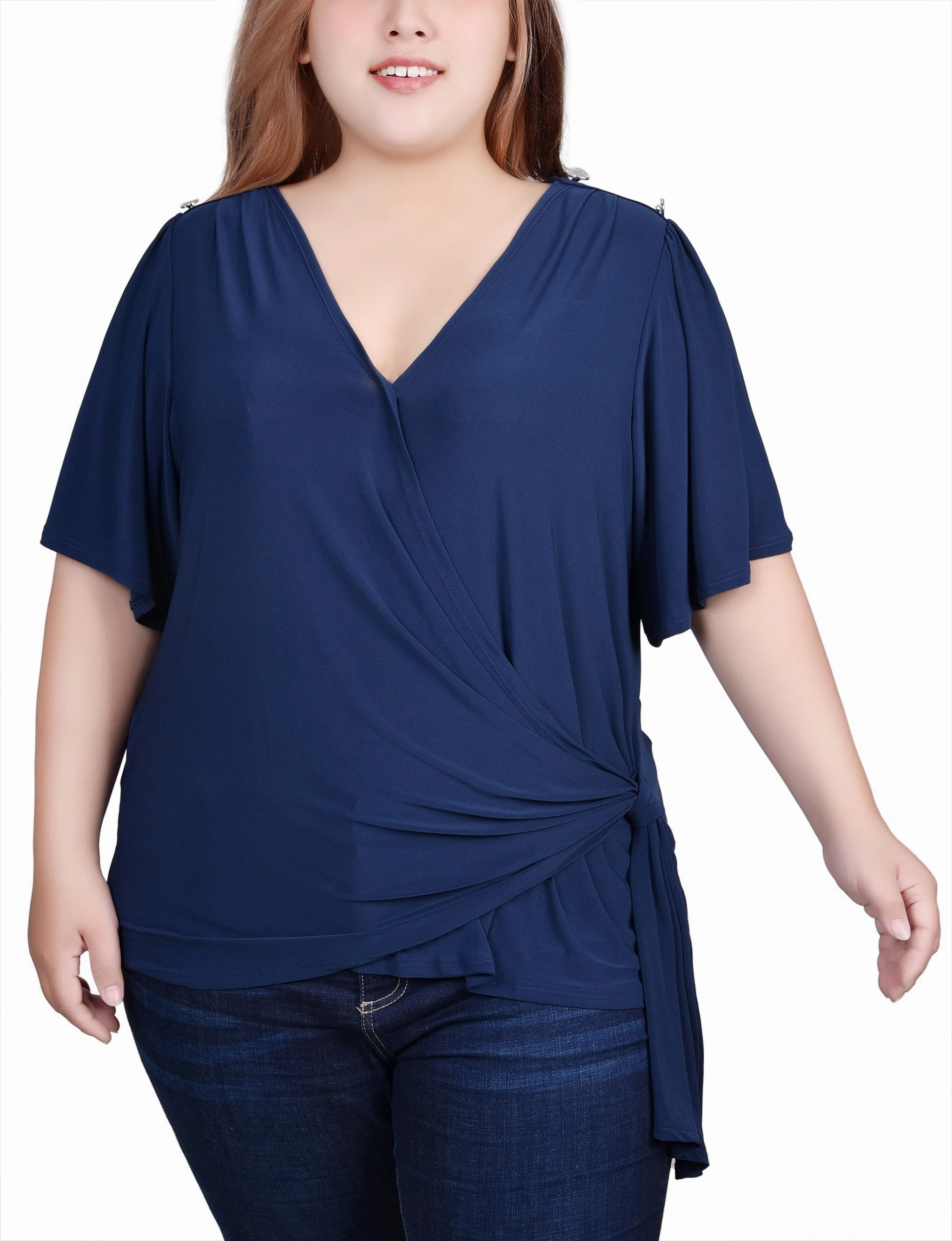 Plus Size Short Sleeve Wrap Top MultiFunctionalPockets