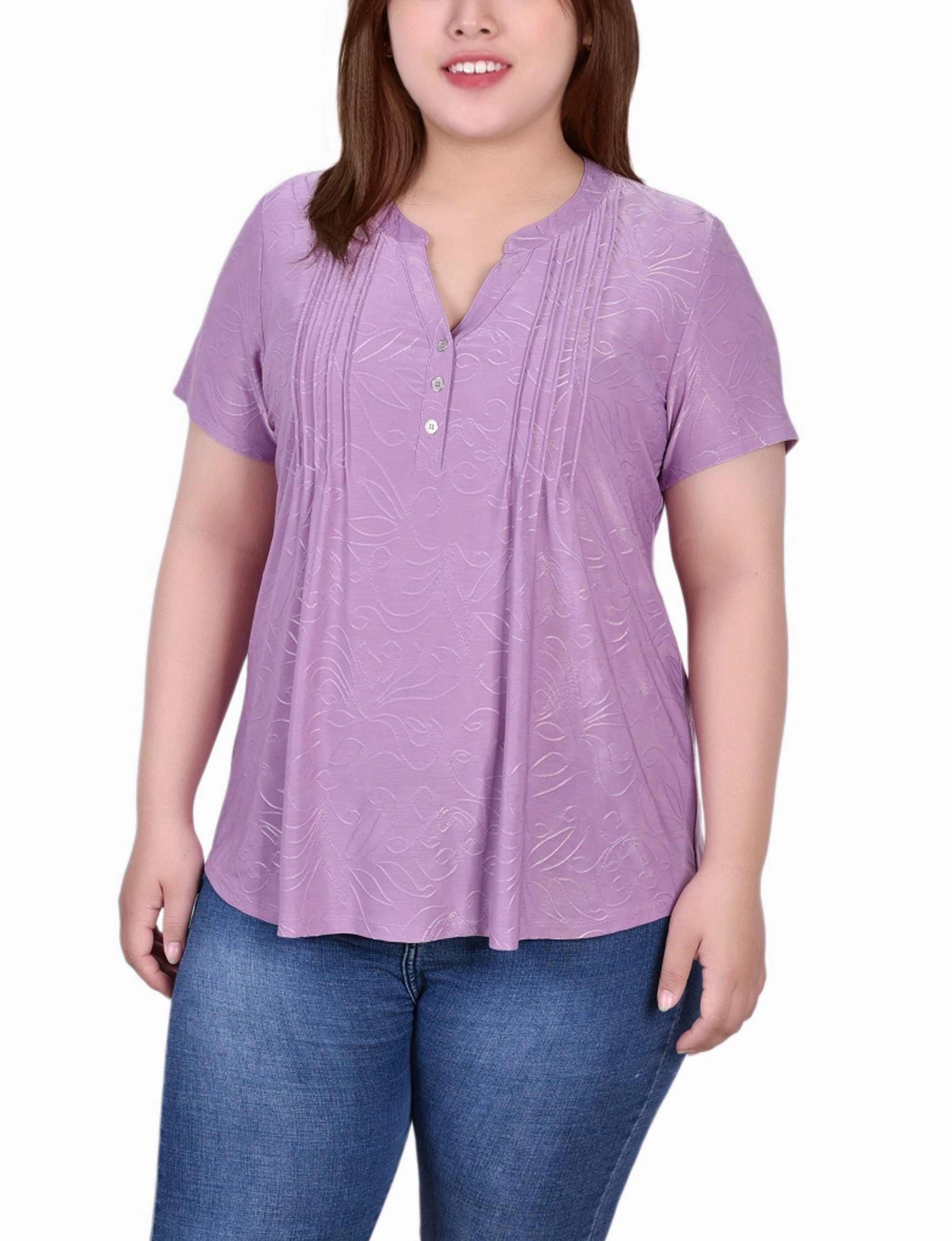 Plus Size Short Sleeve Y Neck Jacquard Knit Top V-neck Shirt NonIrritatingStitching