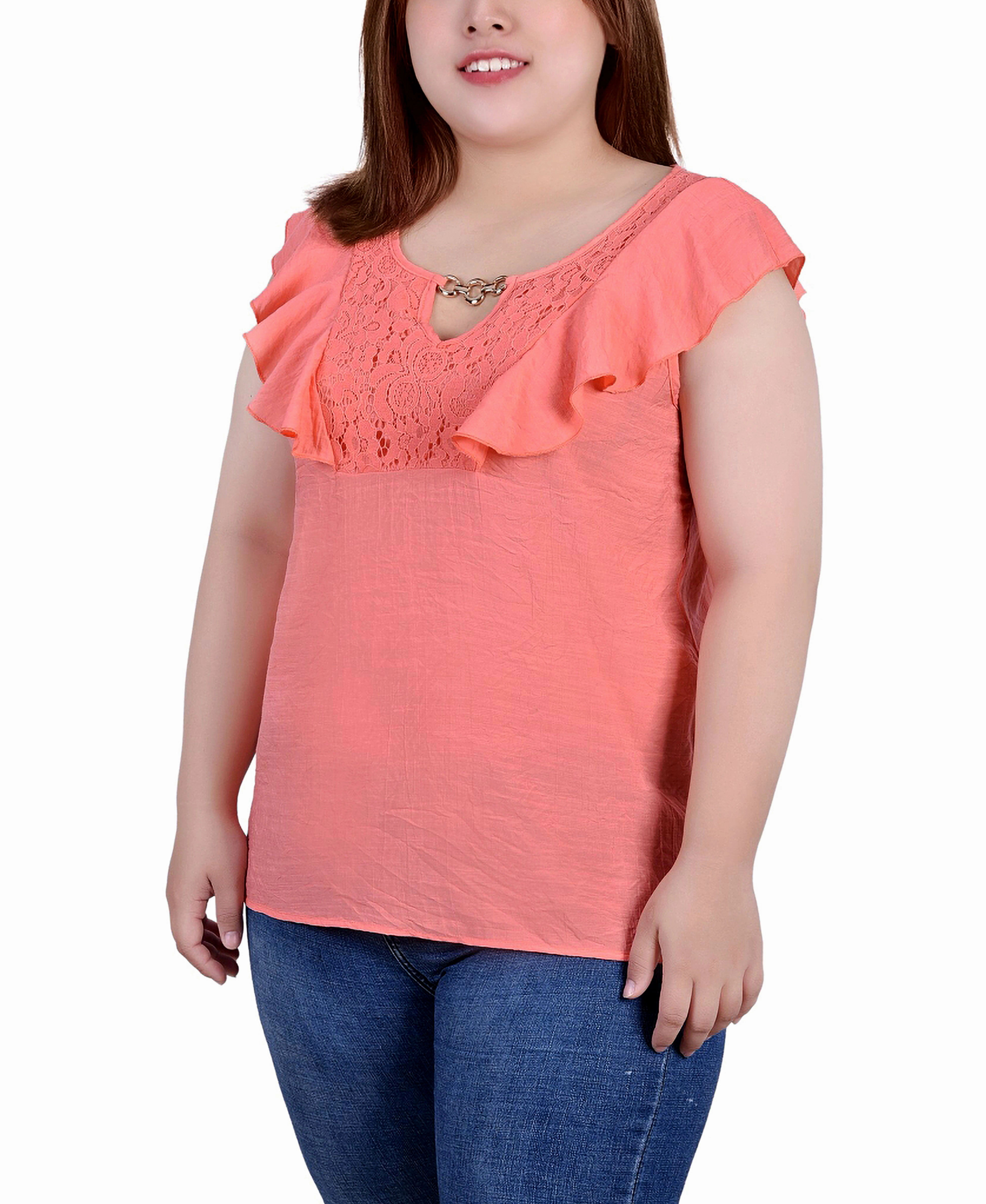 FlatlockSeamTechnique Plus Size Sleeveless Flutter Yoke Blouse