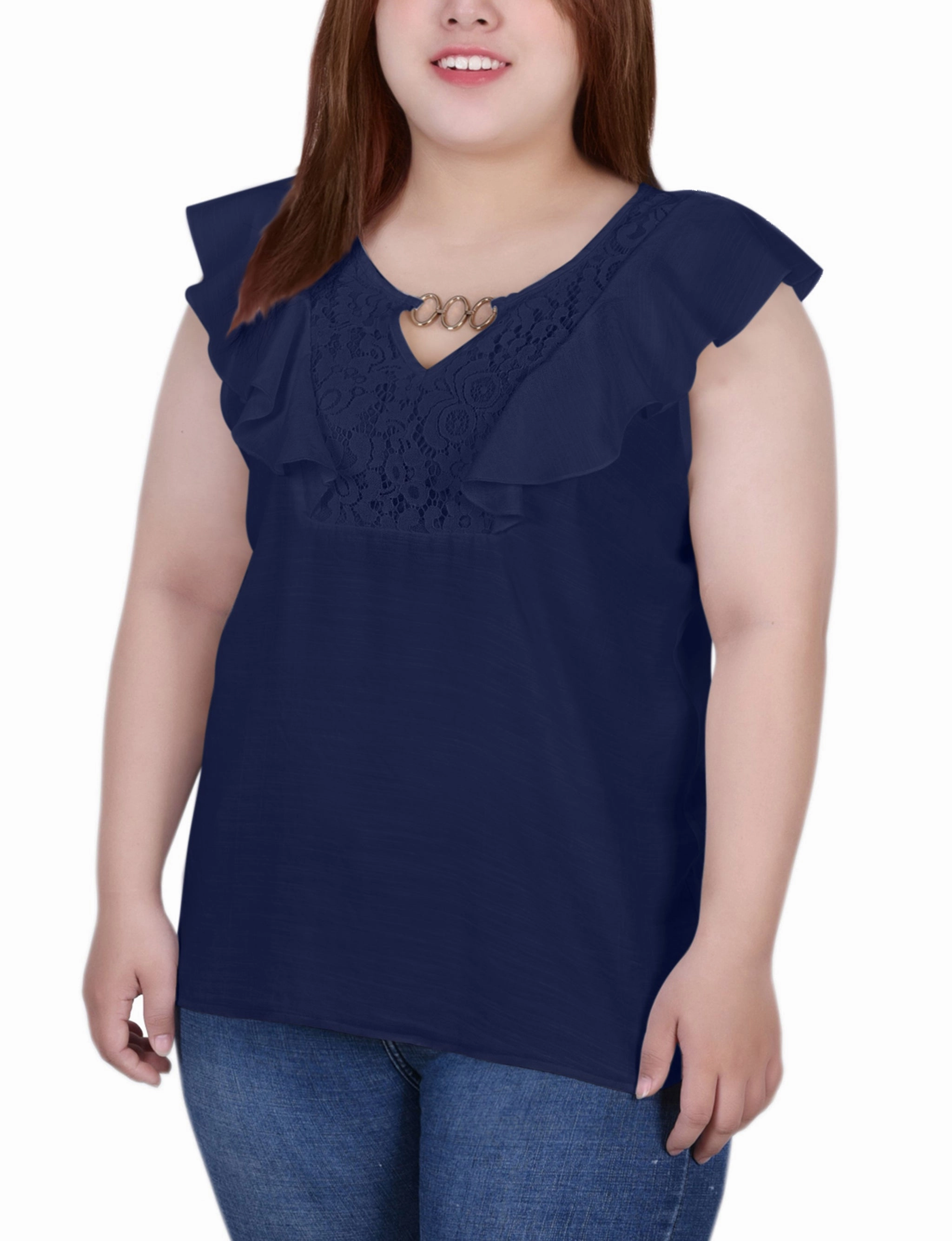 Contrast Stitch Accent EthicallySourced Plus Size Sleeveless Flutter Yoke Blouse