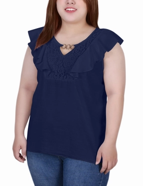 FlatlockStitching Plus Size Sleeveless Flutter Yoke Blouse