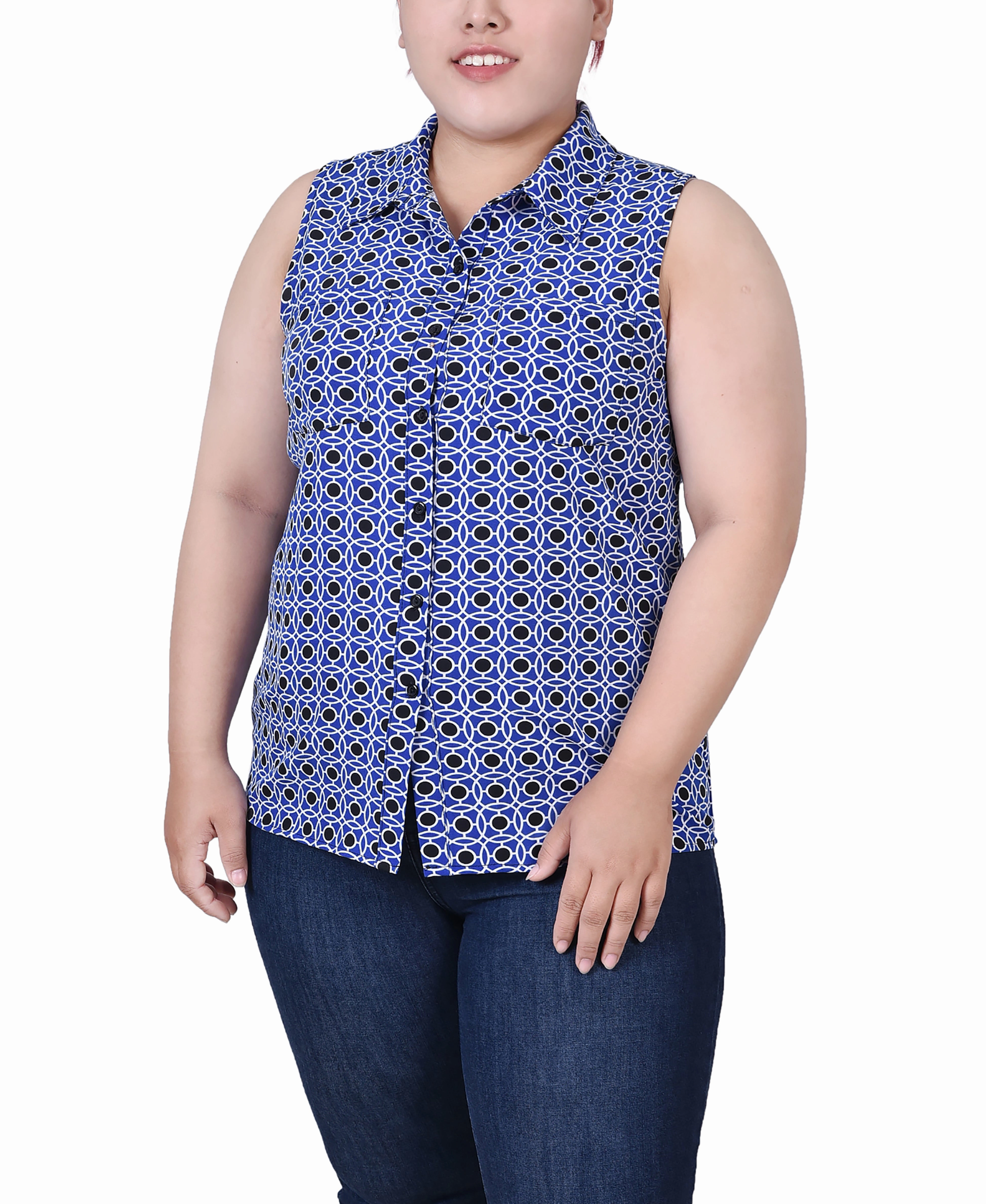 Plus Size Sleeveless Notch Collar Button Front Blouse Curved Hemline Moisture Wicking Material