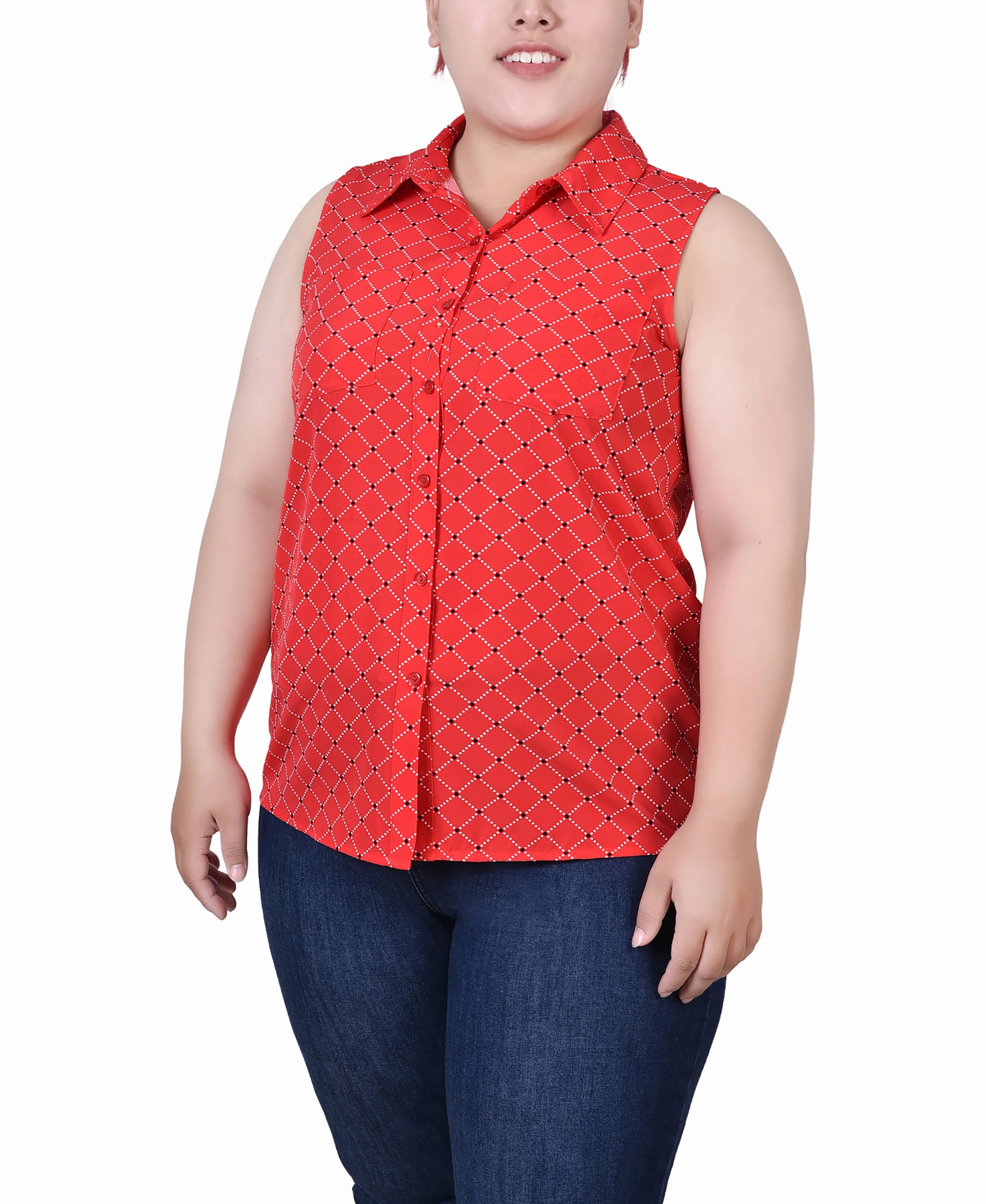 Tear Resistant Plus Size Sleeveless Notch Collar Button Front Blouse