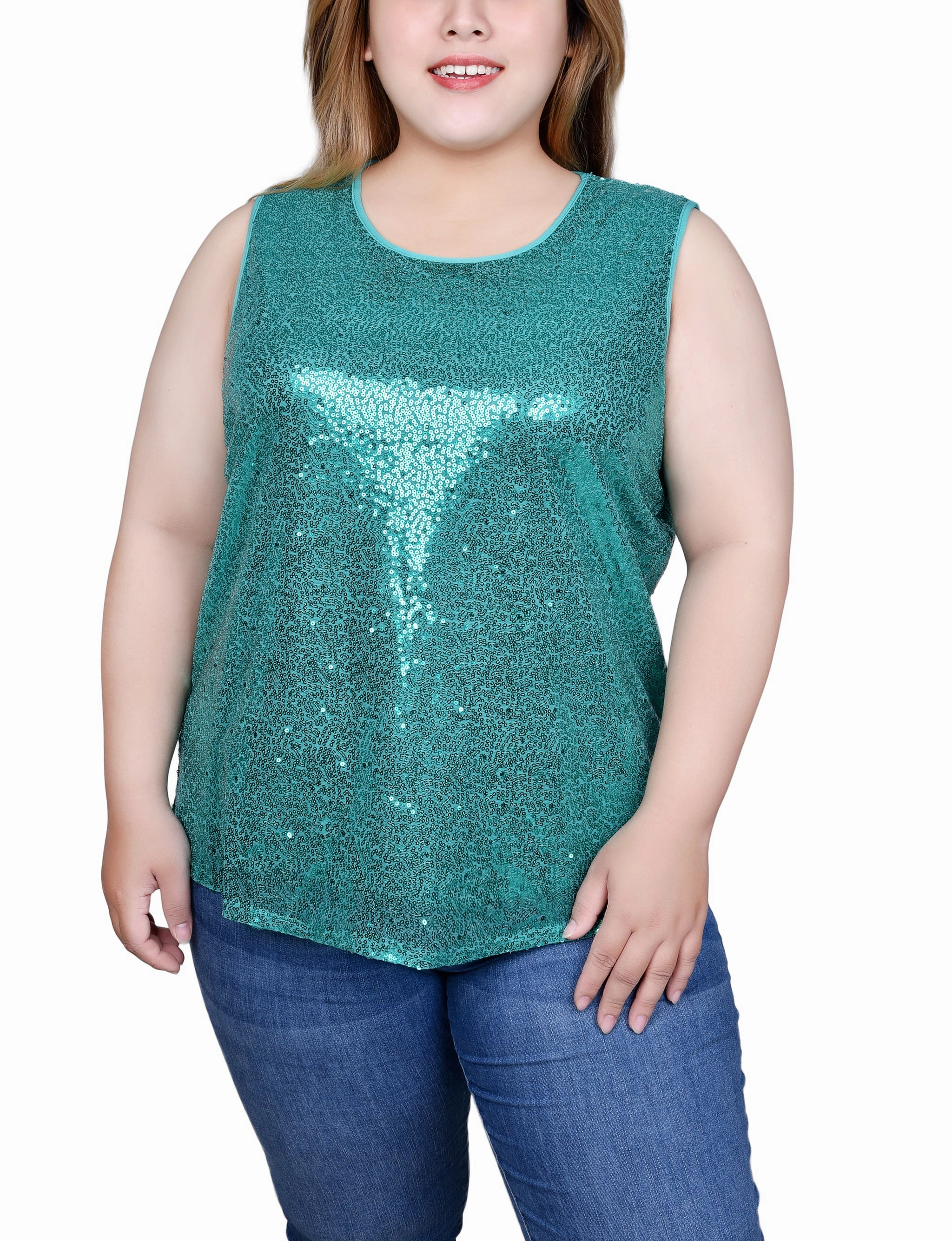 Layered Collar LayeredDurability Plus Size Sleeveless Sequined Tank Top With Combo Banding