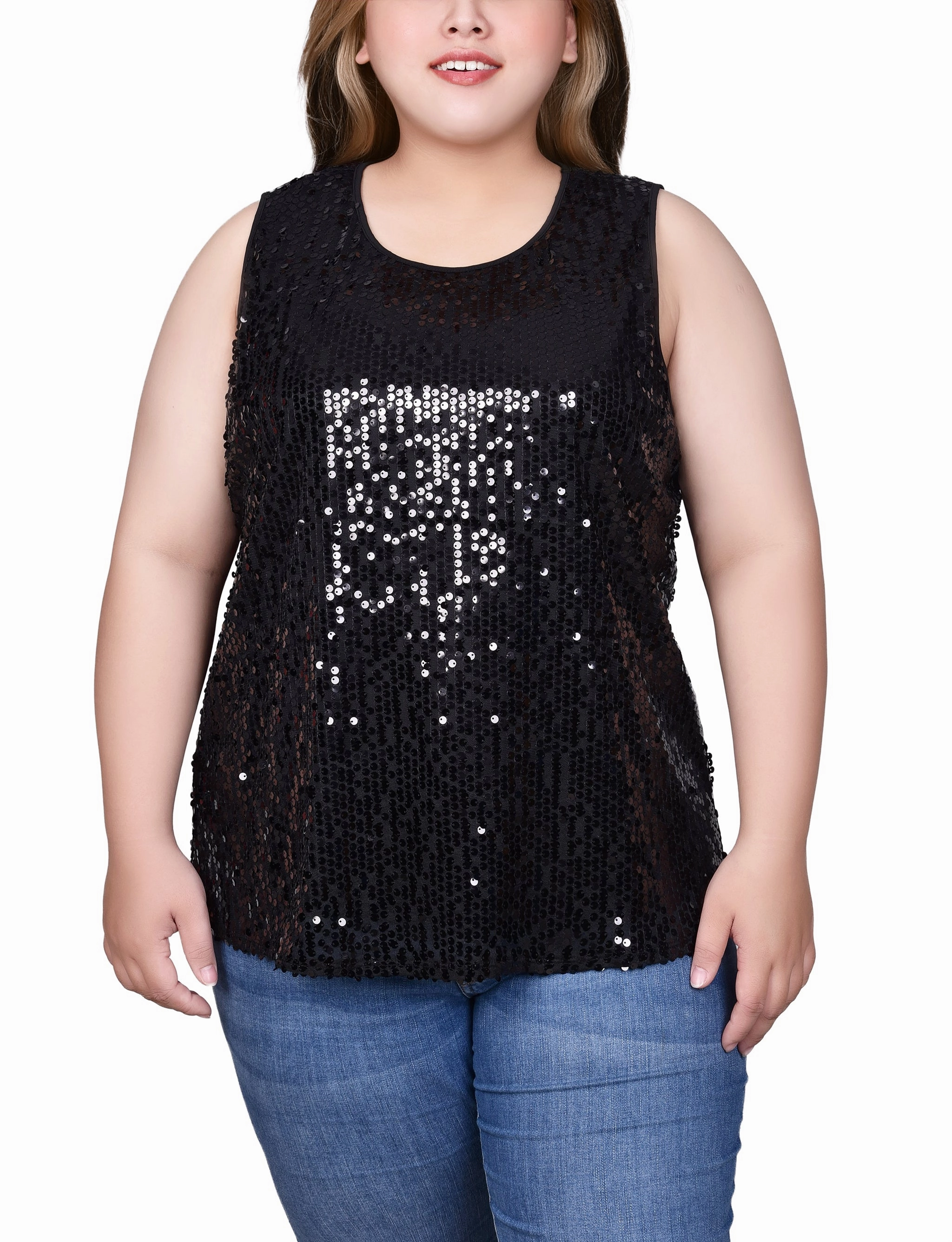 ContrastStitching SlipResistant Plus Size Sleeveless Sequined Tank Top With Combo Banding