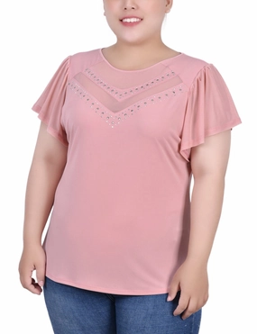 Plus Size Studded Short Flutter Sleeve Top With Mesh Details Anti Odor Finish AntiOdor