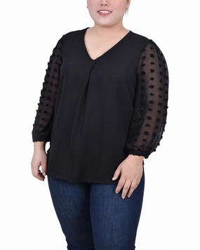 Active Tee Plus Size V Neck Blouse With 3/4 Jacquard Chiffon Sleeves