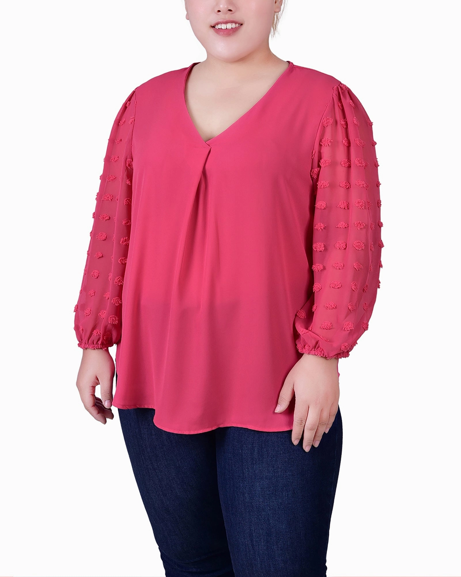 Odor Resistant Fabric Plus Size V Neck Blouse With 3/4 Jacquard Chiffon Sleeves
