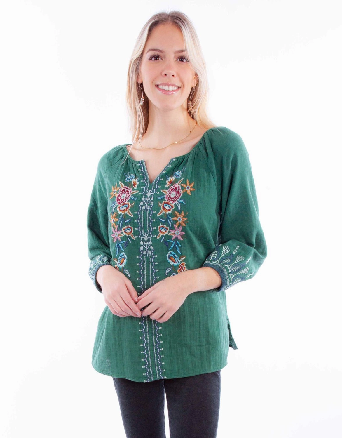 Scully Womens Floral Tie Front Jade 100% Cotton S/S Blouse Chic Ensemble