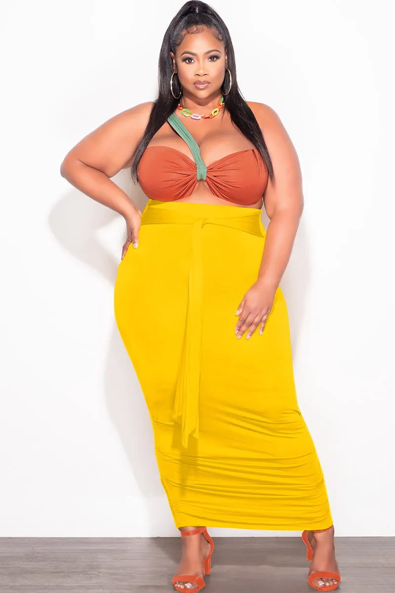 Final Sale Plus Size 2pc One Shoulder Twist Front Crop Top and Ruched Skirt in Yellow Dark Rust and Green Tough Flex